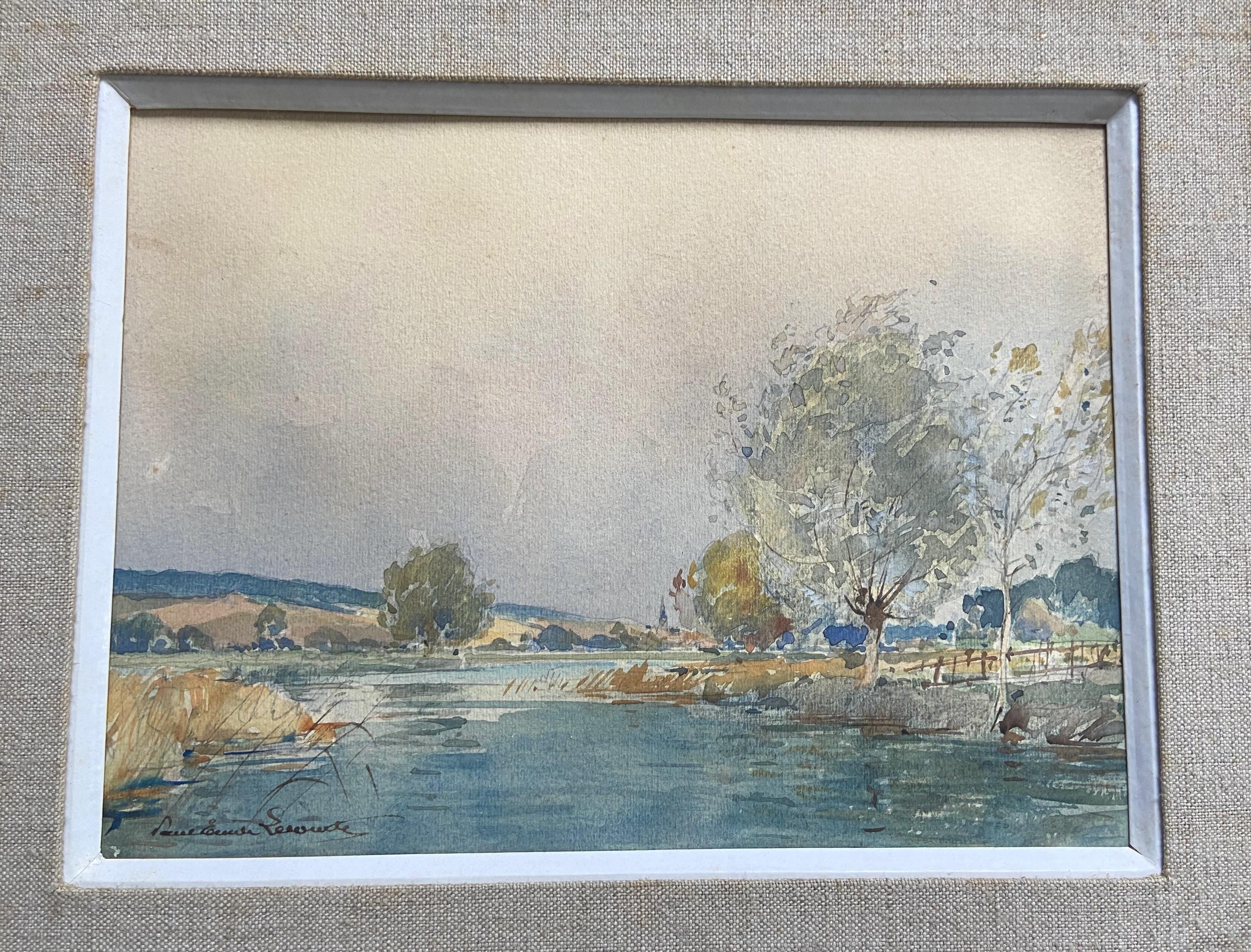 Paul Emile Lecomte (1877-1950)  Paesaggio con laghetto, acquerello firmato 1