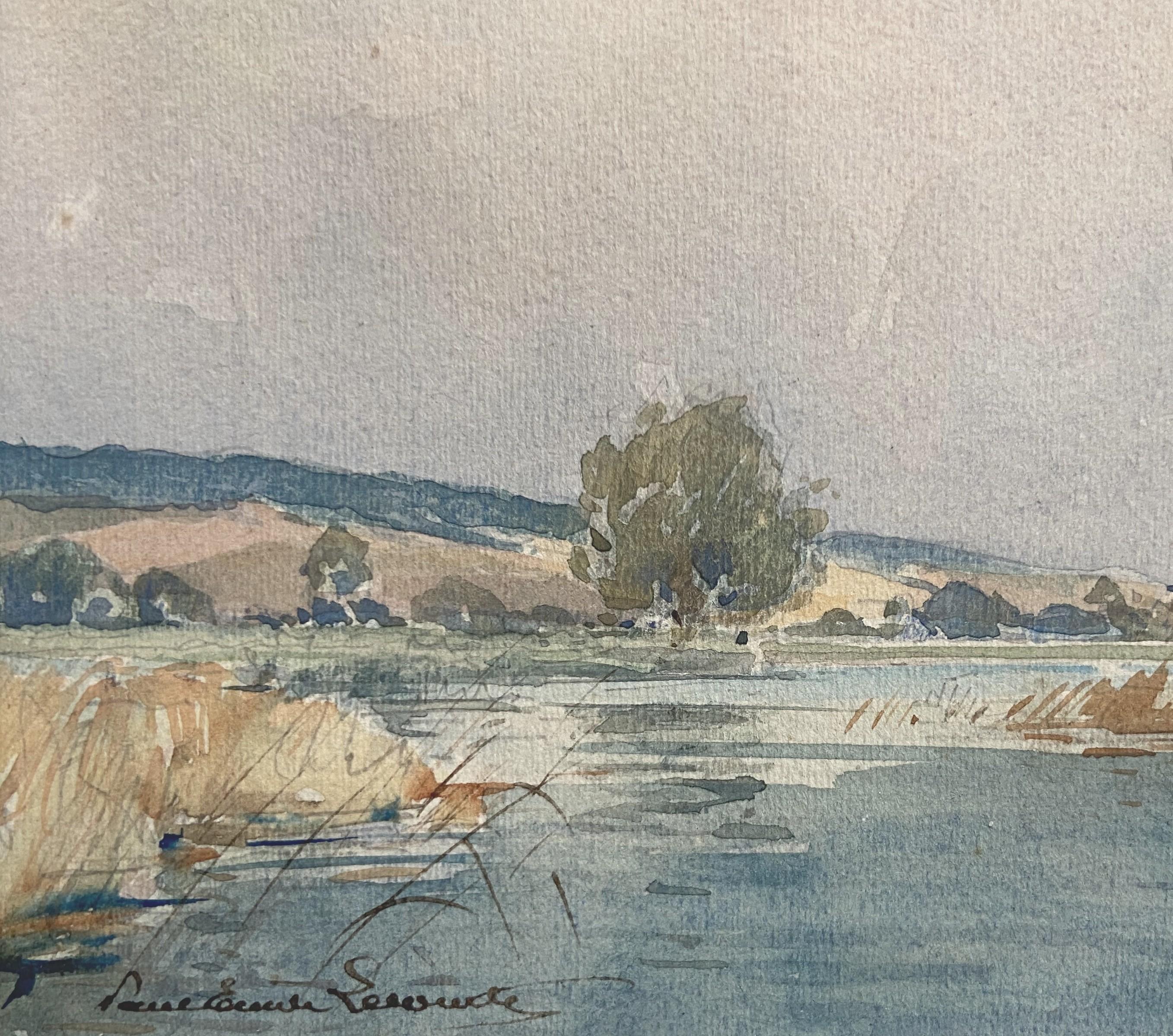 Paul Emile Lecomte (1877-1950)  Paesaggio con laghetto, acquerello firmato 3