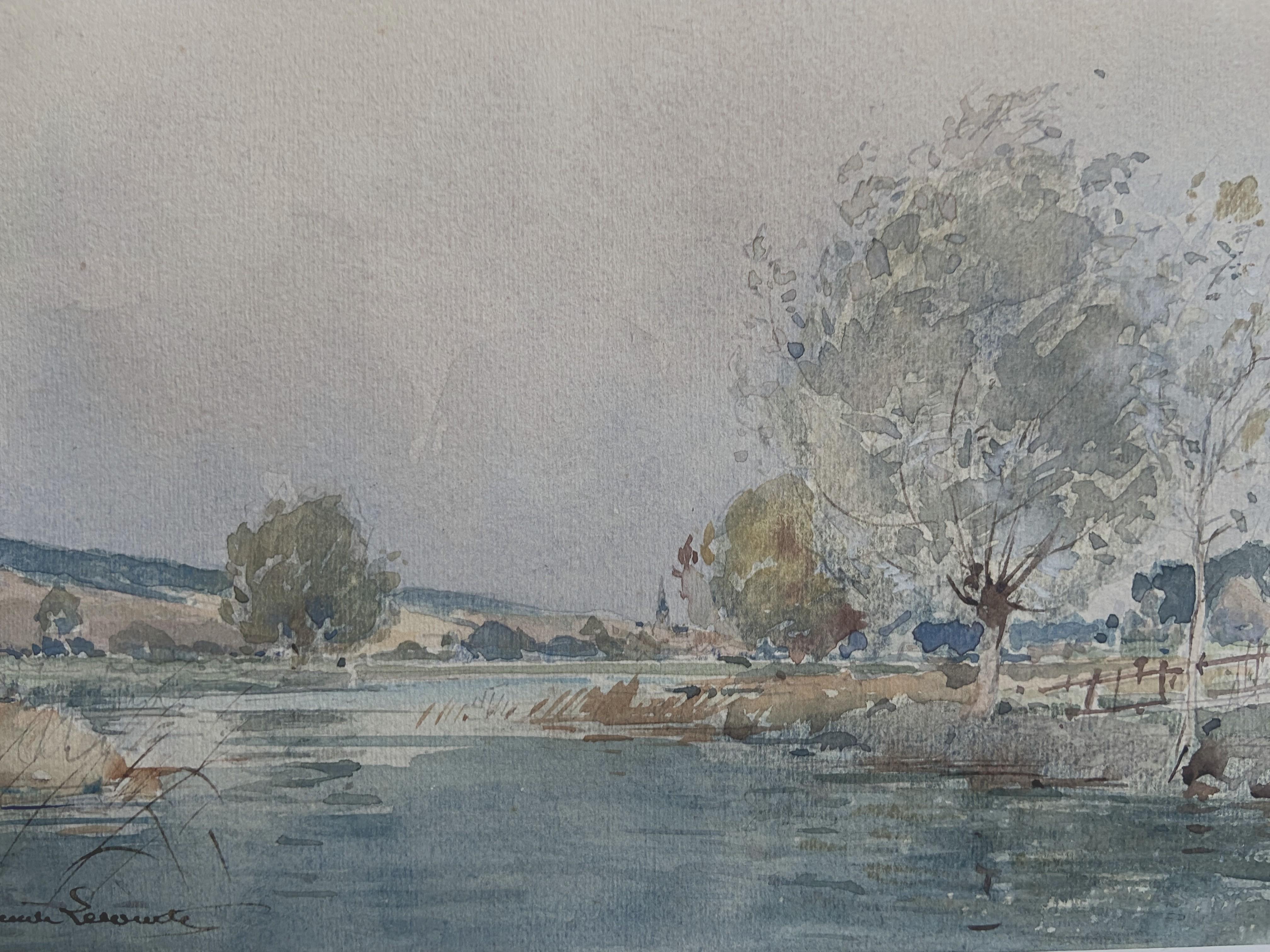 Paul Emile Lecomte (1877-1950)  Paesaggio con laghetto, acquerello firmato 2