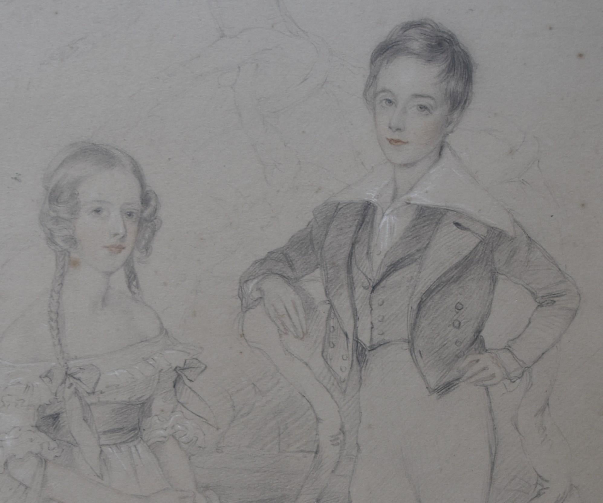 English School early 19th century, Portrait of two children, drawing For Sale 2