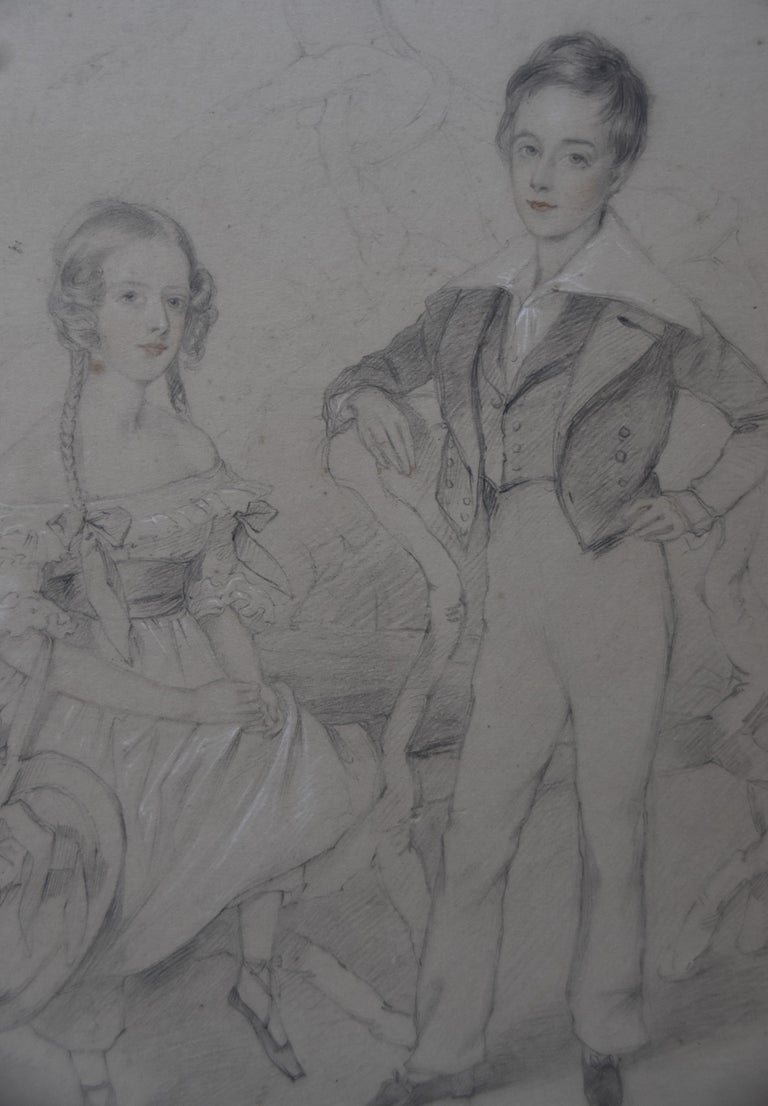 English School early 19th century, 
Portrait of two children, 
Pencil and light heightenings of white and red gouache
29.5 x 23 cm
In quite good condition : the pape is yellowed by time and there foxings and stains visible (please refer to the