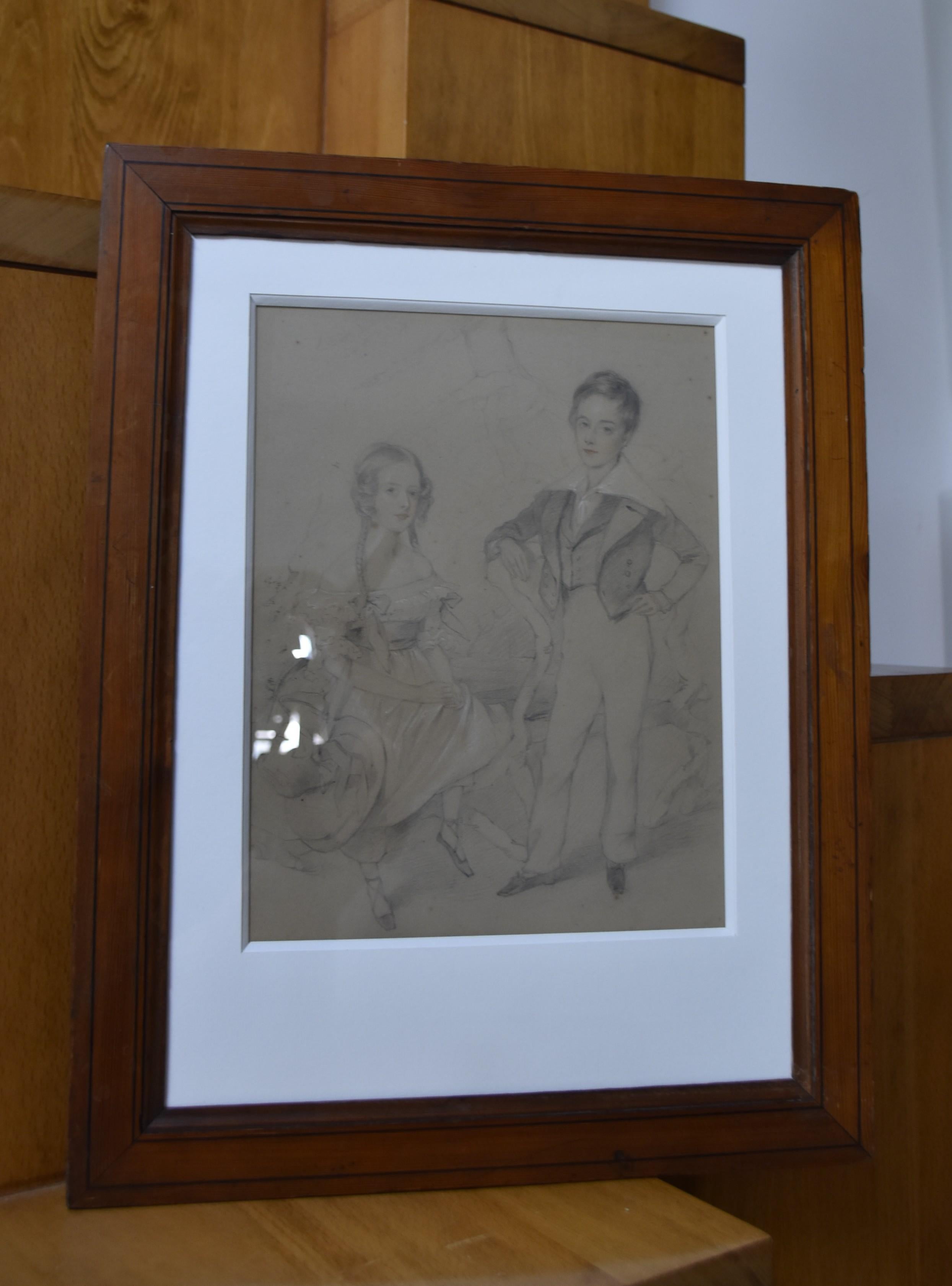 English School early 19th century, Portrait of two children, drawing For Sale 6