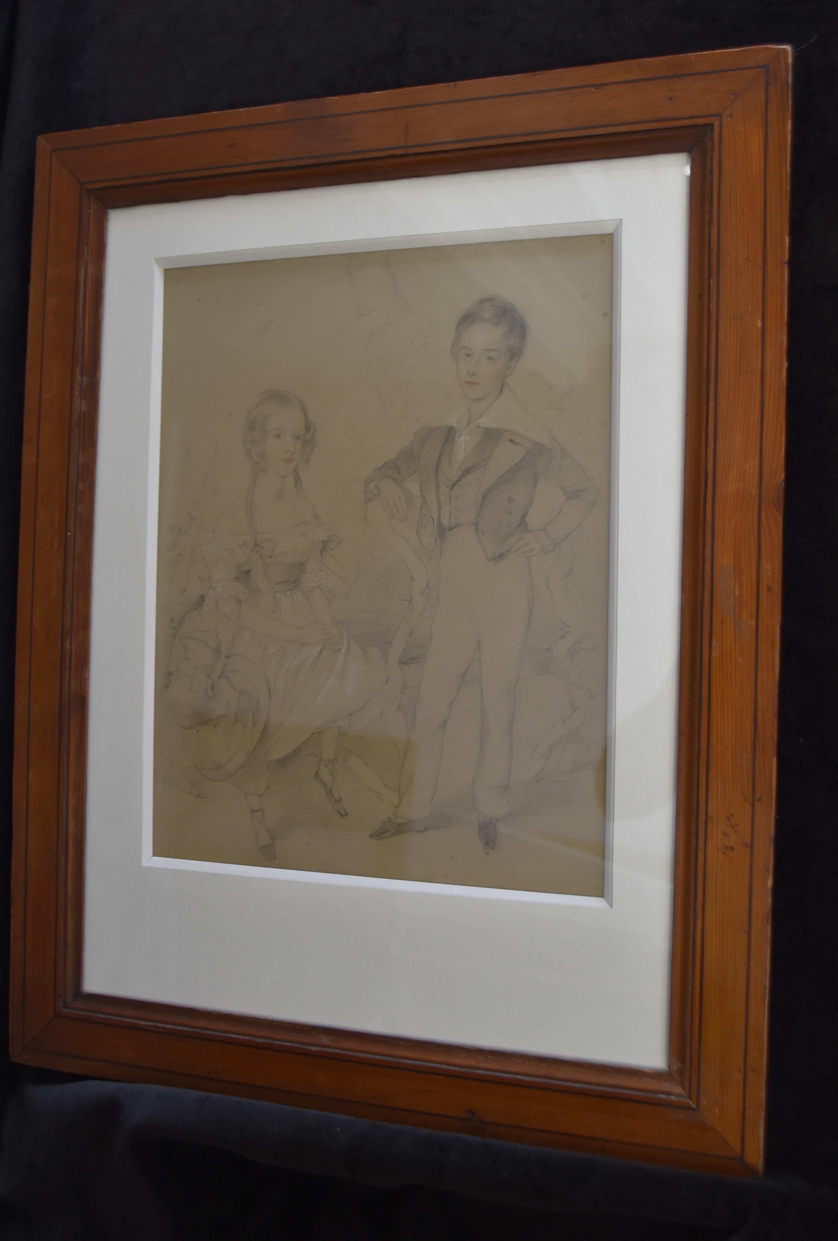 English School early 19th century, Portrait of two children, drawing For Sale 4