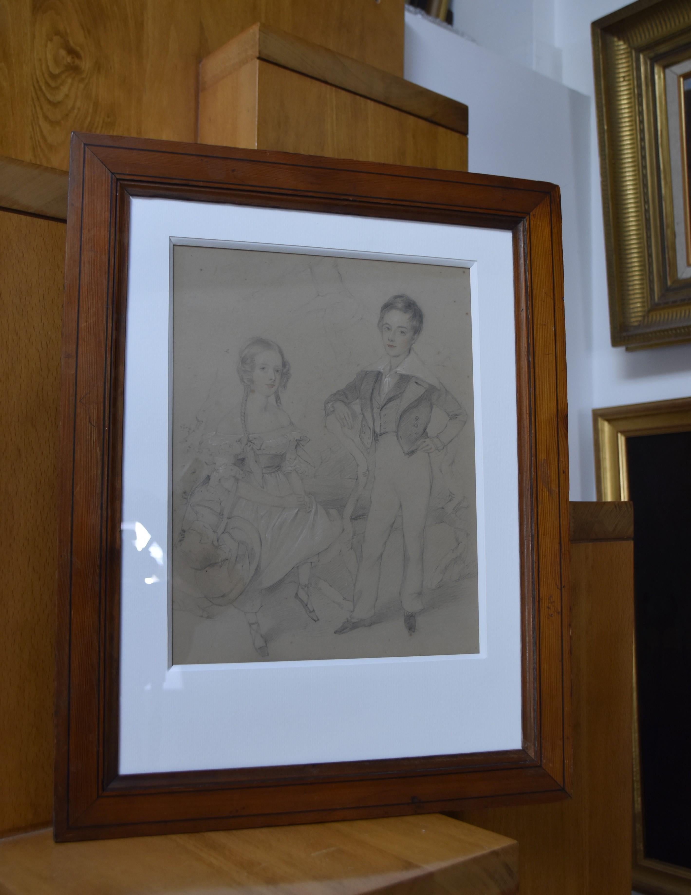English School early 19th century, Portrait of two children, drawing For Sale 3