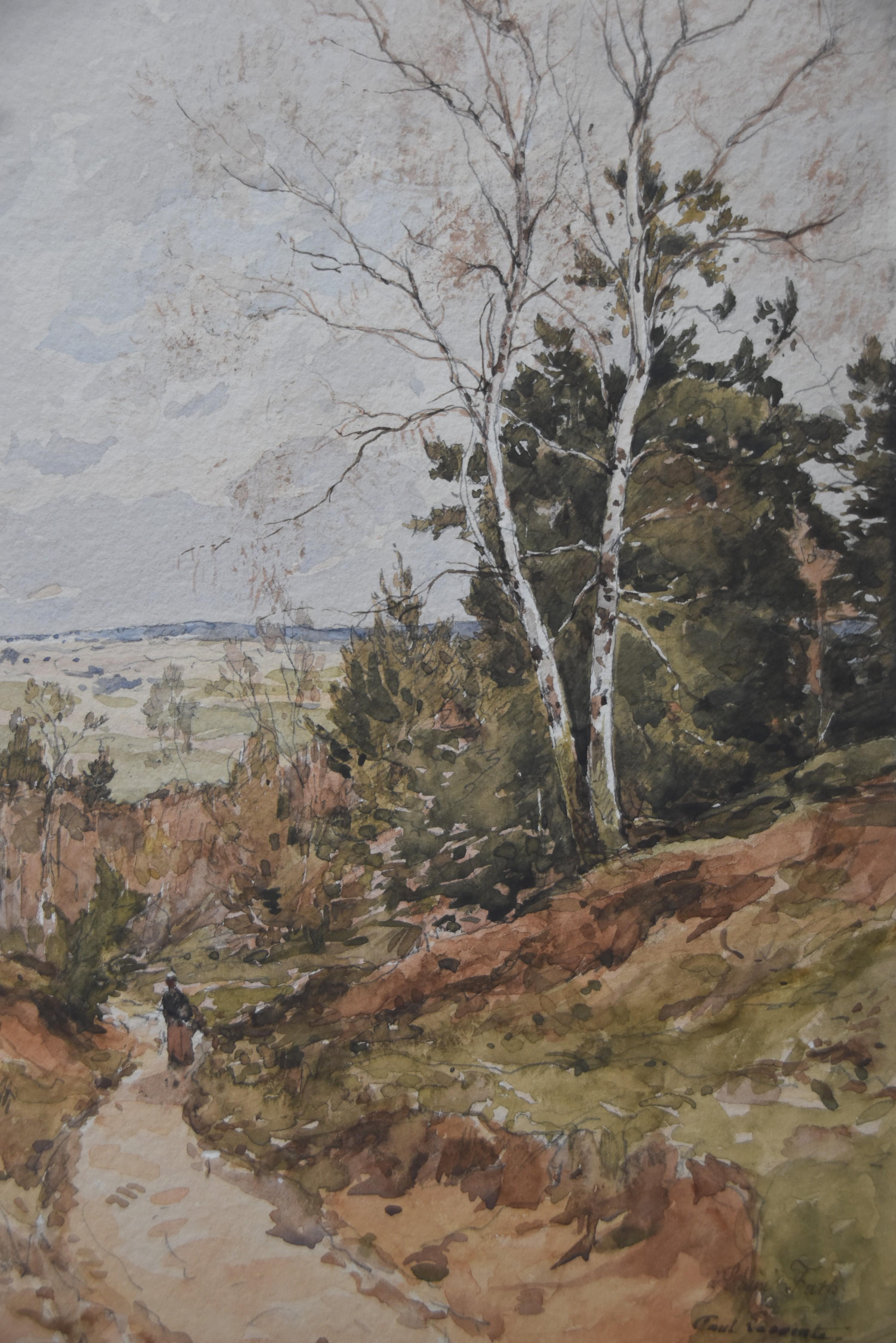 Paul Lecomte (1842-1920)  Une promenade le long d'un chemin, aquarelle signée en vente 1