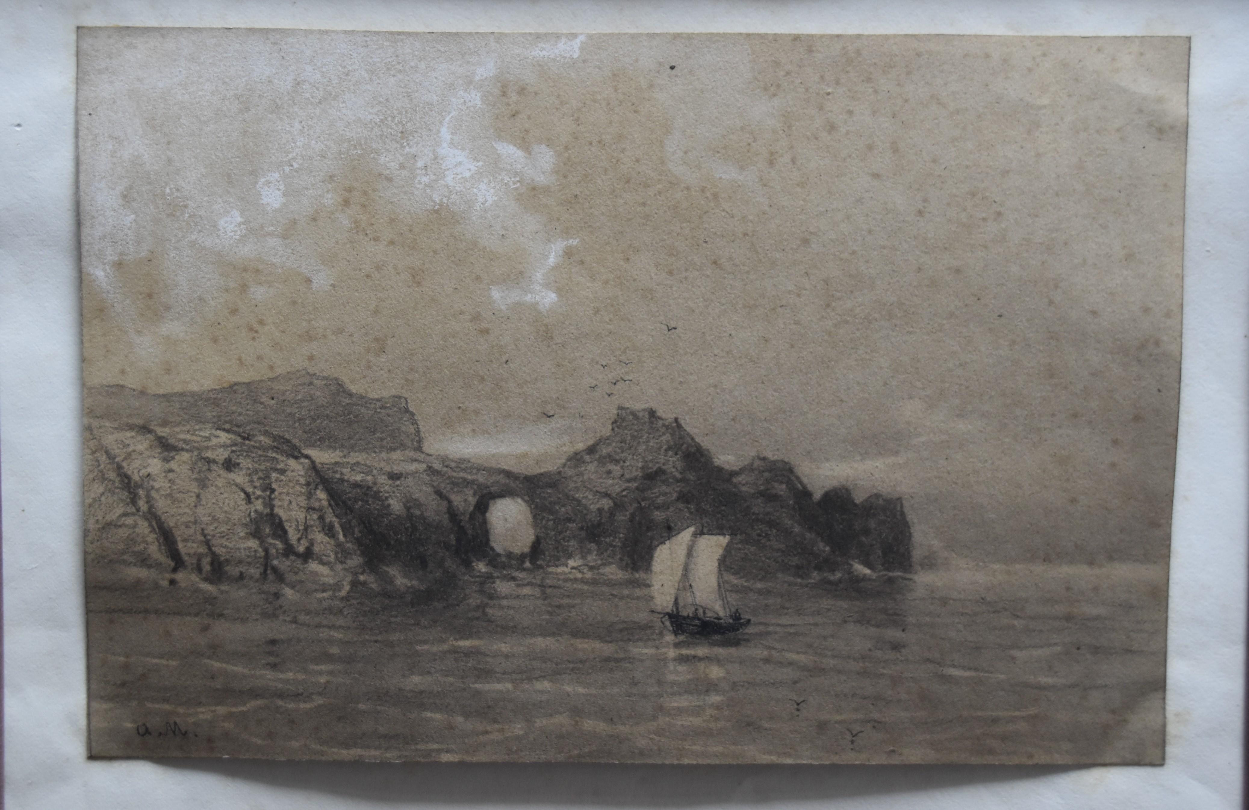 Auguste Mayer (1805-1890) A seascape with a boat, signed drawing For Sale 5