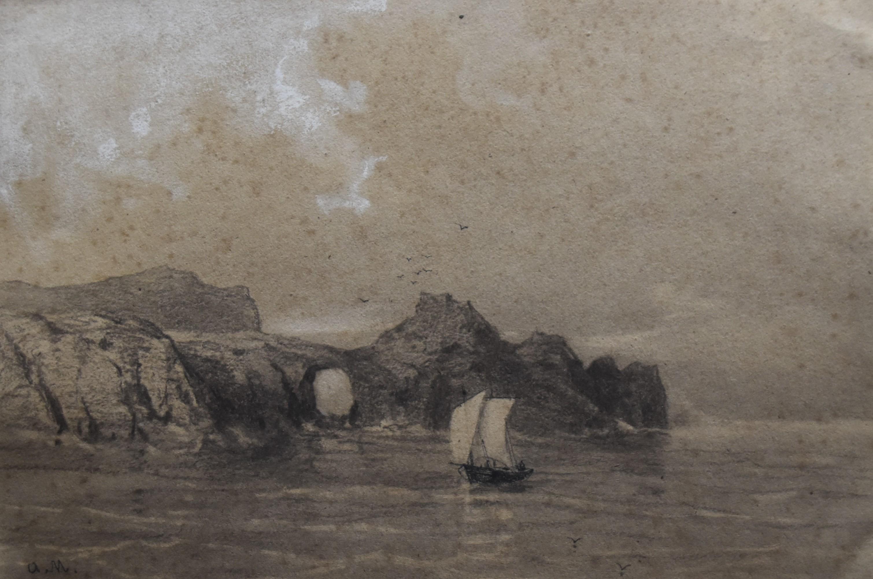 Auguste Mayer (1803-1890
Un paysage marin avec un bateau
signé avec les initiales en bas à gauche
Crayon et rehauts de gouache blanche sur papier
17.5 x 26 cm
En assez bon état, nombreuses rousseurs dans la partie supérieure,  La feuille flotte