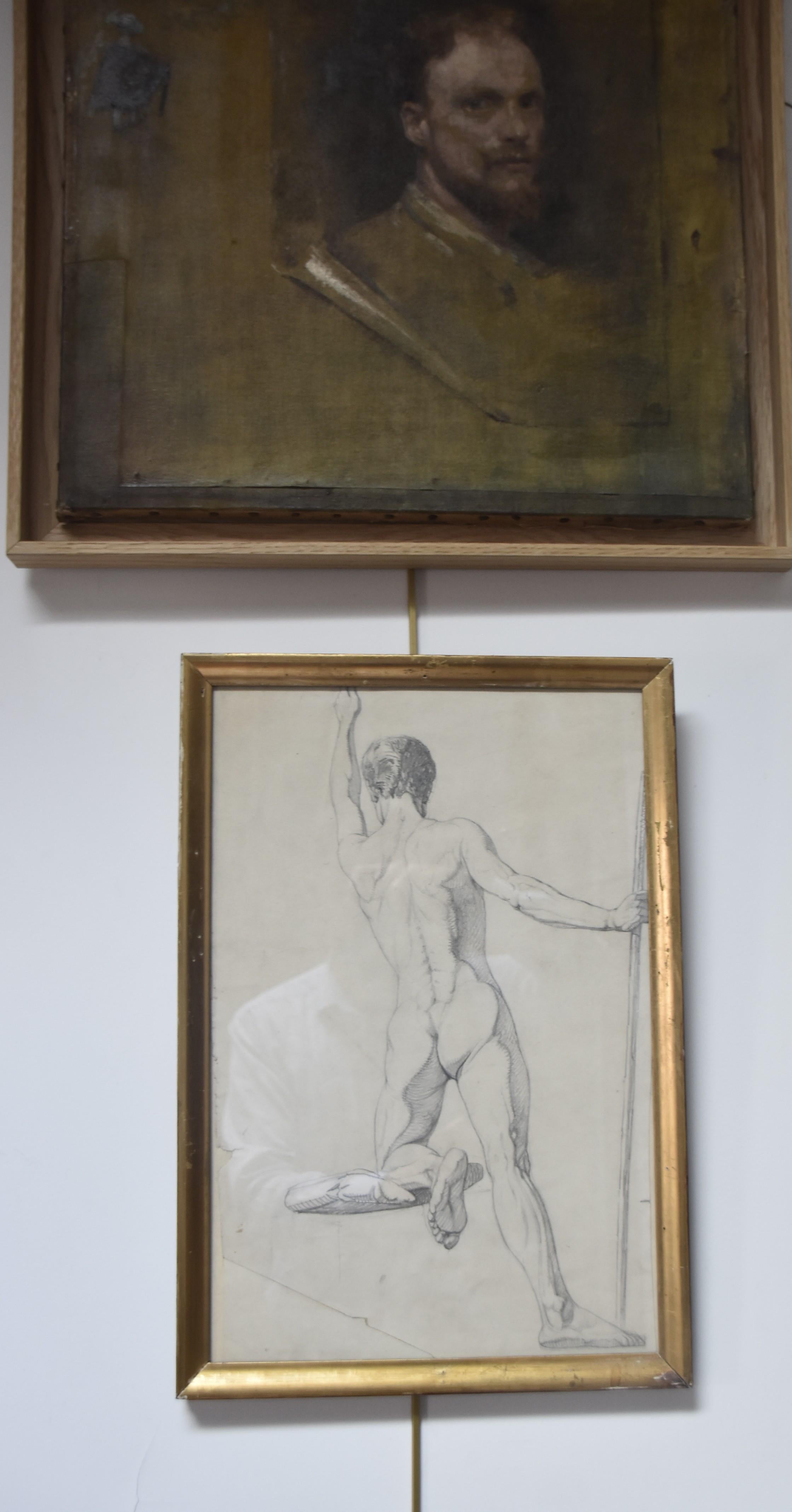 Danish Golden Age, first half of the 19th century, A male academy nude, pencil - Beige Figurative Art by Unknown