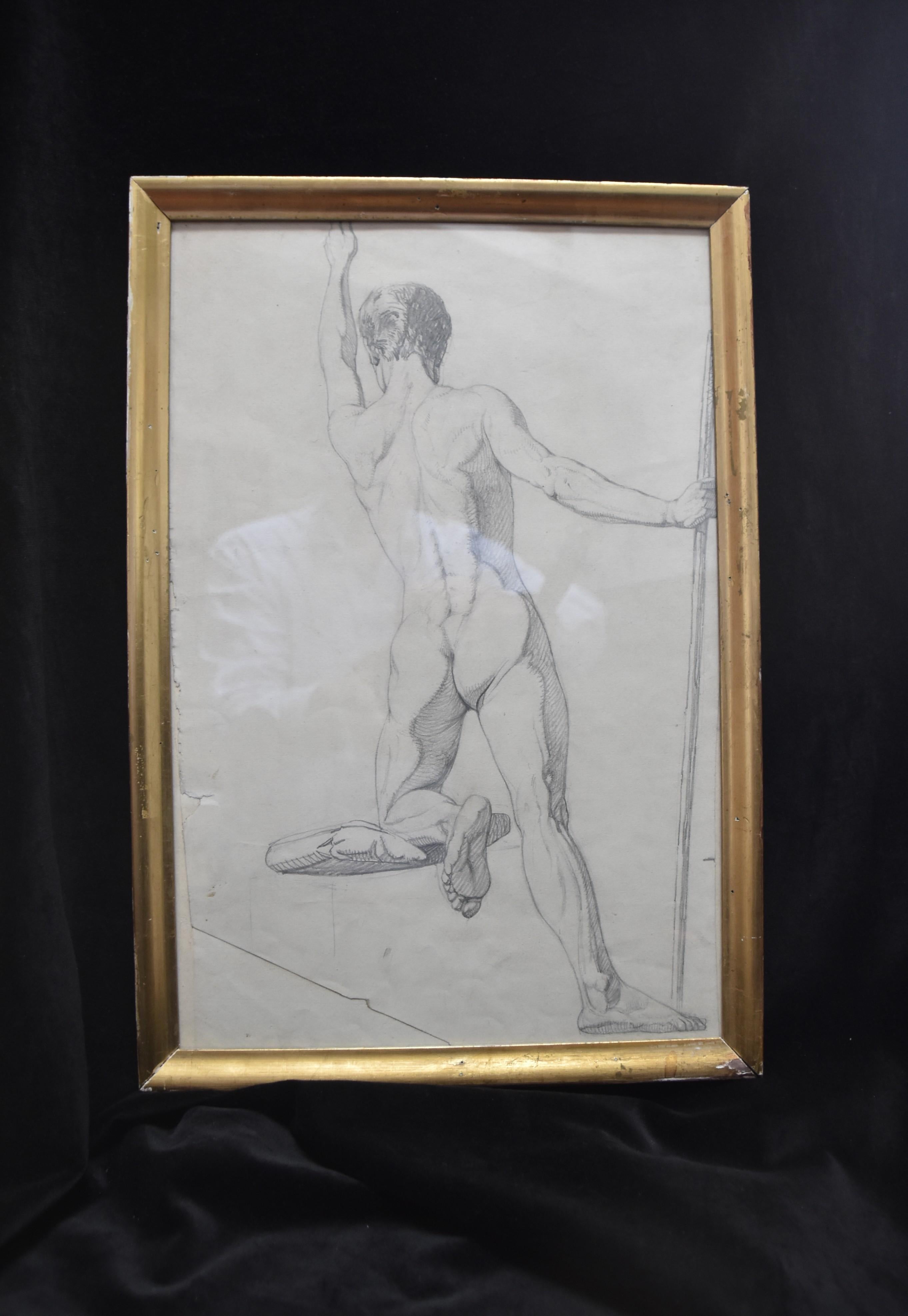 Danish Golden Age painter, first half of the 19th century
A male academy nude. Unsigned. 
Pencil on paper.
42 x 27 cm.
Condition : Uneven edges. One corner cropped.  (see photographs please)
In a very simple frame with some damages : 45.5 x 31 cm
on