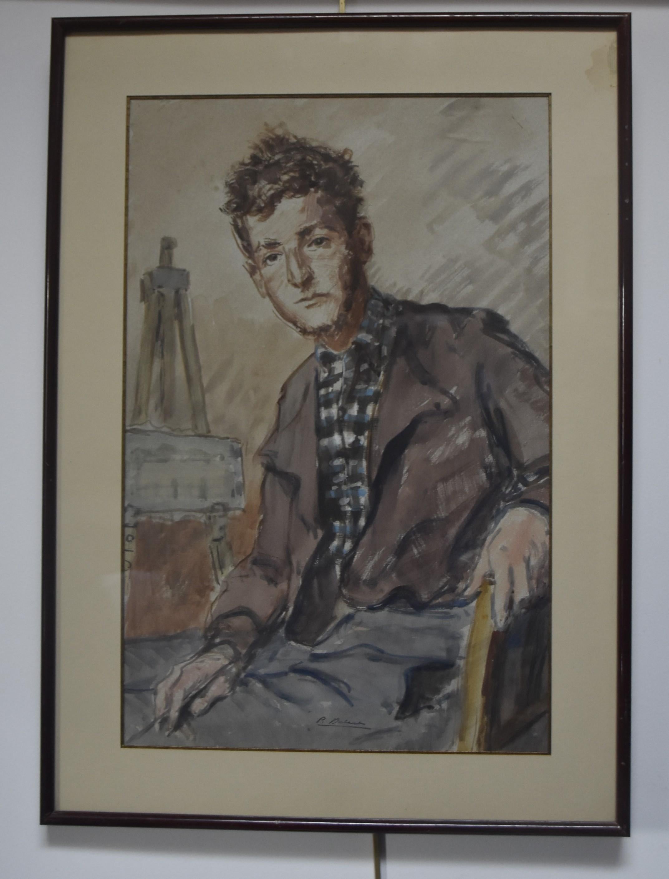 Pierre Olivier Dubaut (1886-1968) 
Portrait of an artist
Stamp of the artist on the lower part
watercolor on paper
46.5 x 30 cm

In a vintage frame : 58 x 42 cm, some damages in the mat at the uppper right, see detail photograph please.

Pierre