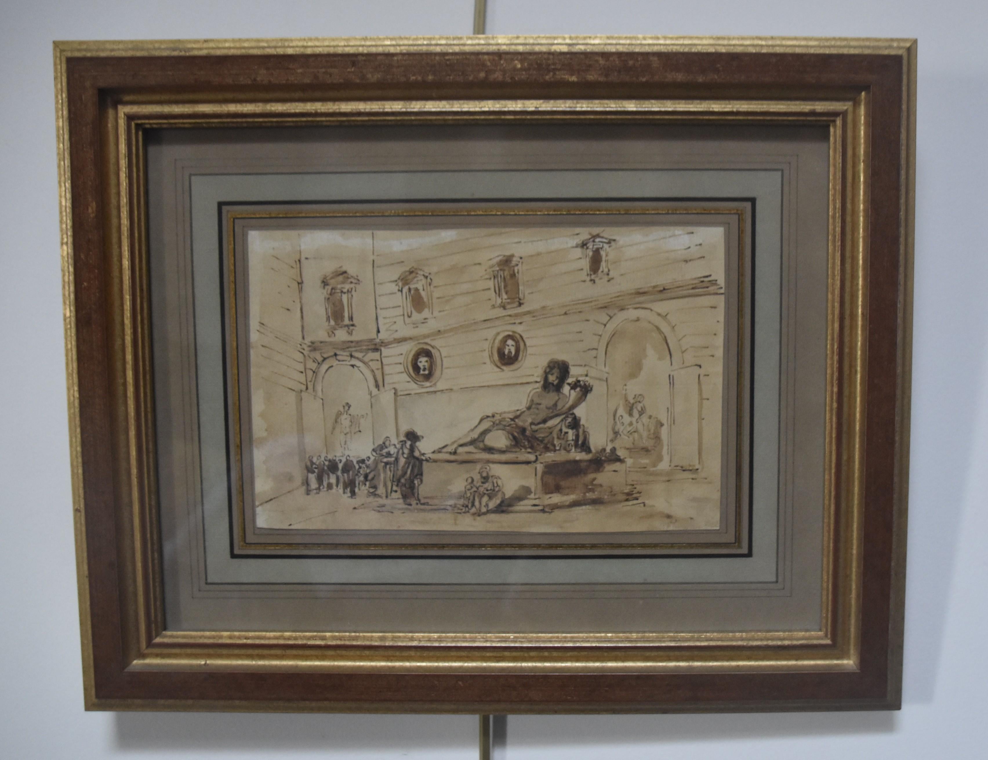 Scuola romana del XVIII secolo , Palazzo con mobili antichi, disegno - Art Antichi maestri di Unknown