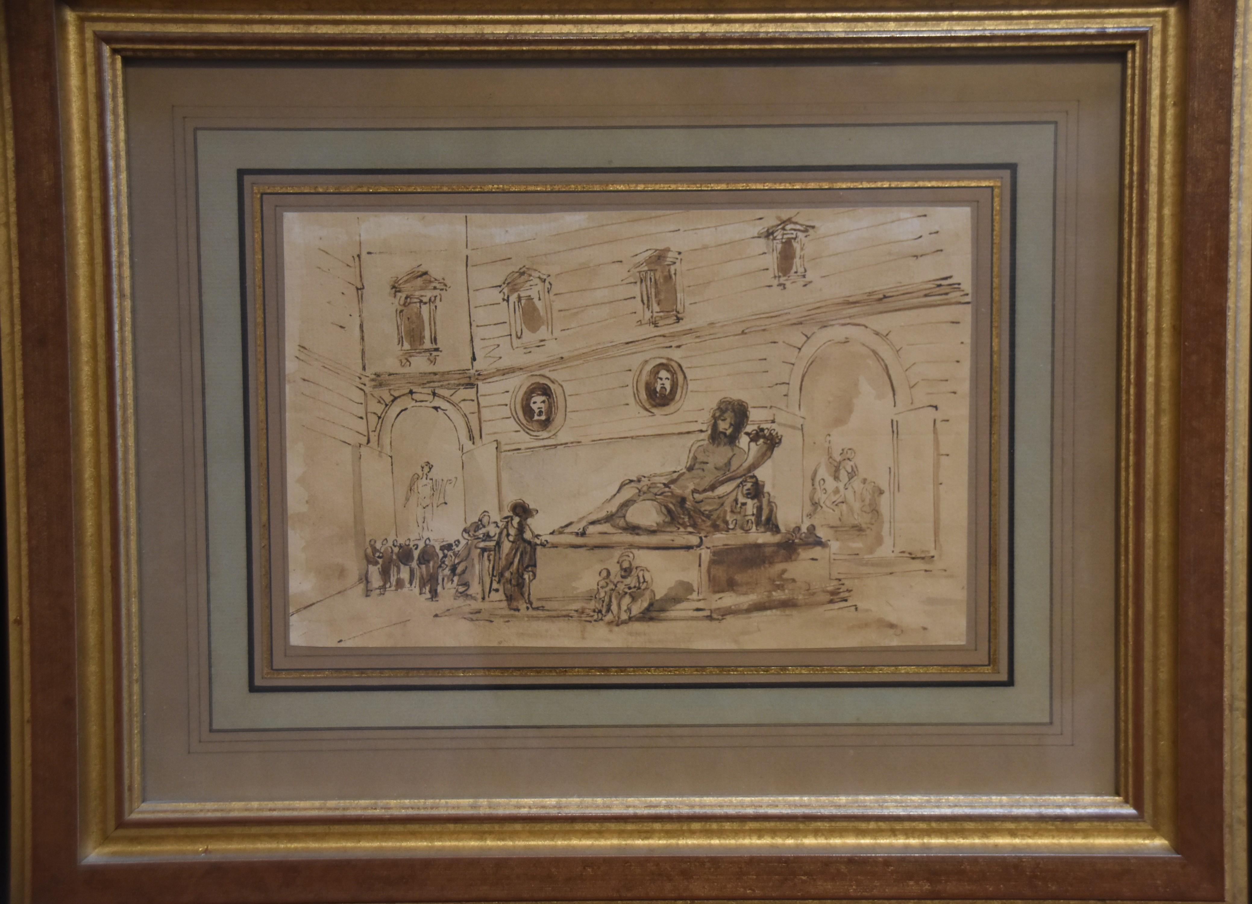 18th Century Roman School 
A Palazzo with antiques
Brown ink and pen, brown ink wash on paper
12.5 x 20 cm
Framed : 28,5 x 35.5 

This nice drawing represents a genre scene, with a nobleman, priests, a mother and her children in the middle of