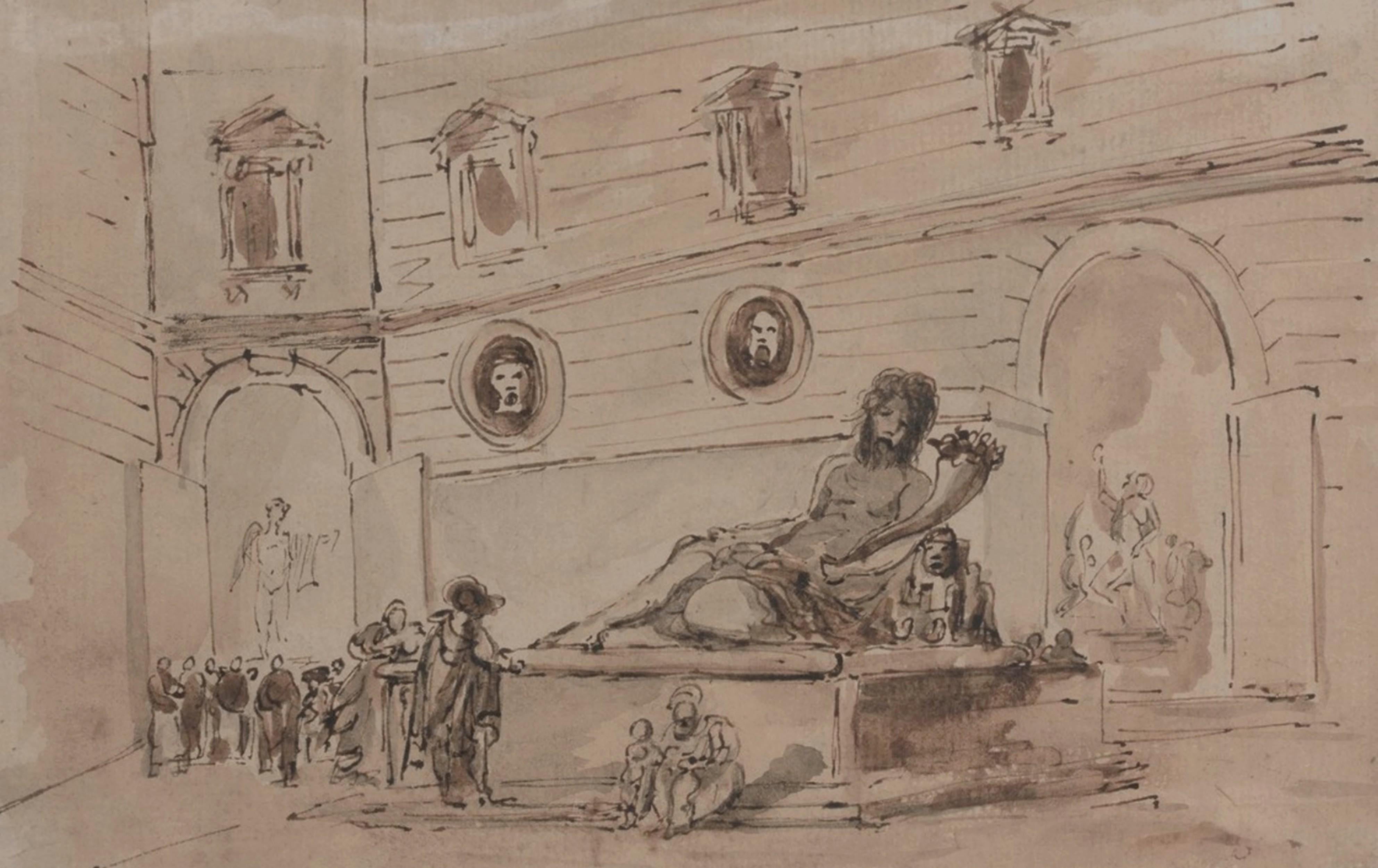 École romaine du XVIIIe siècle, palais avec antiquités, dessin