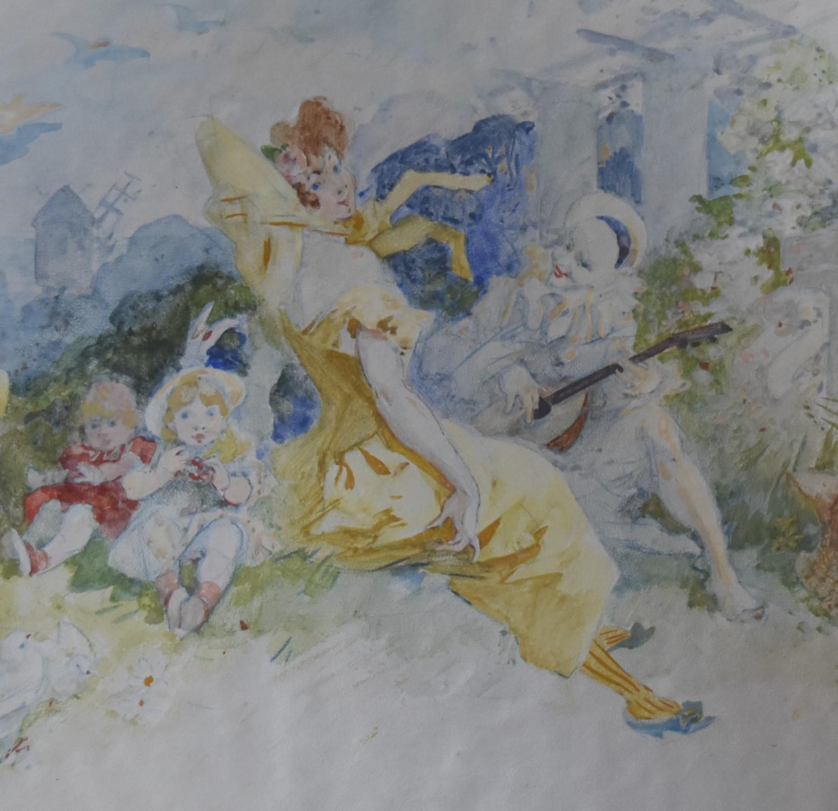 Jules Cheret (1836-1932) A Gallant scene with Pierrot, 1904 watercolor signed  - Art by Jules Chéret