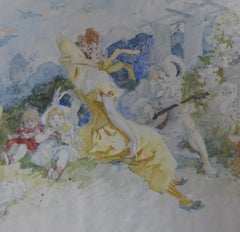 Jules Cheret (1836-1932) A Gallant scene with Pierrot, 1904 watercolor signed