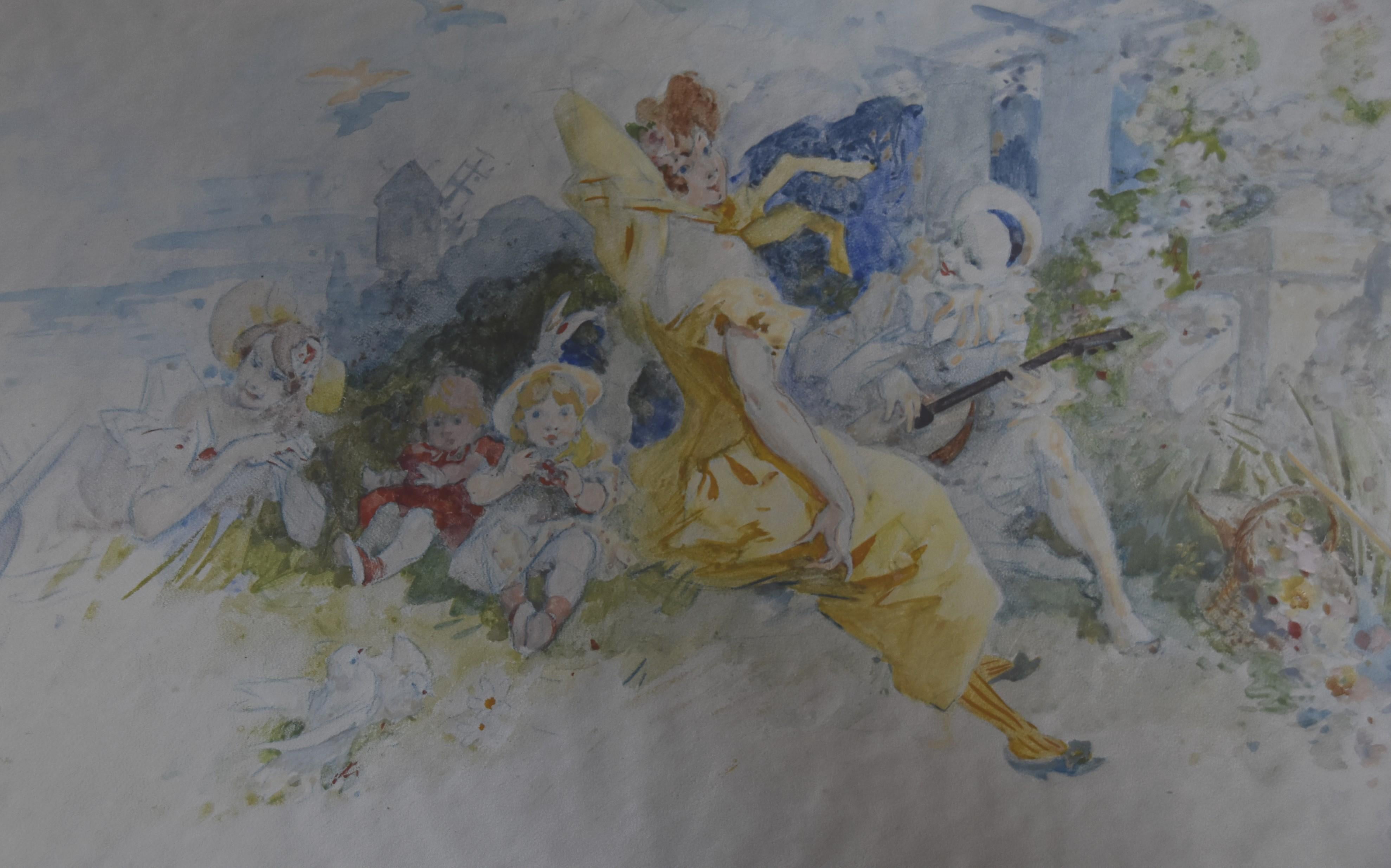Jules Cheret (1836-1932) A Gallant scene with Pierrot, 1904 watercolor signed  3