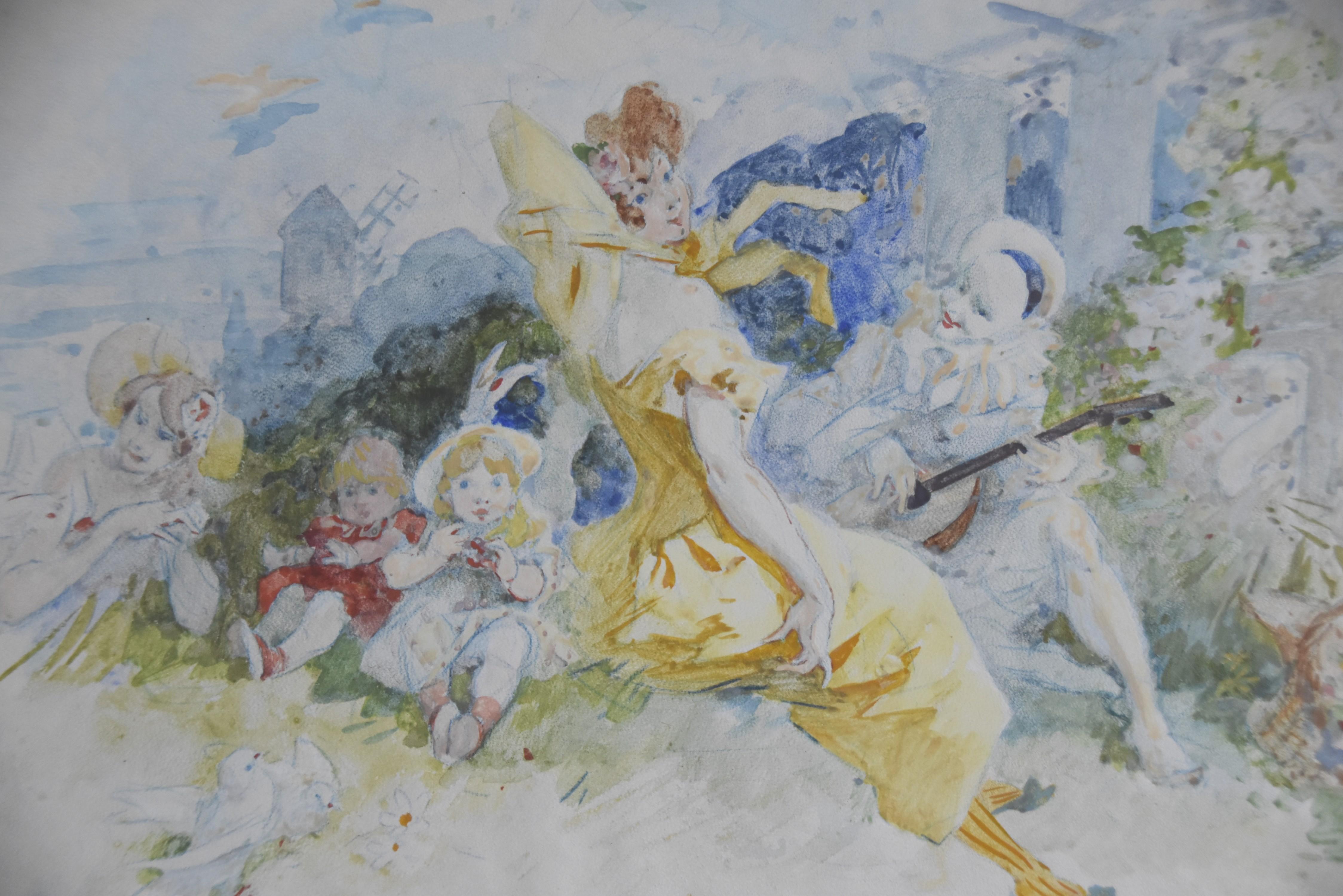 Jules Cheret (1836-1932) A Gallant scene with Pierrot, 1904 watercolor signed  6