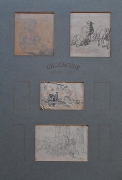 Charles Emile JACQUE (Paris 1813 - 1894) Four drawings, Sheeps and genre scenes