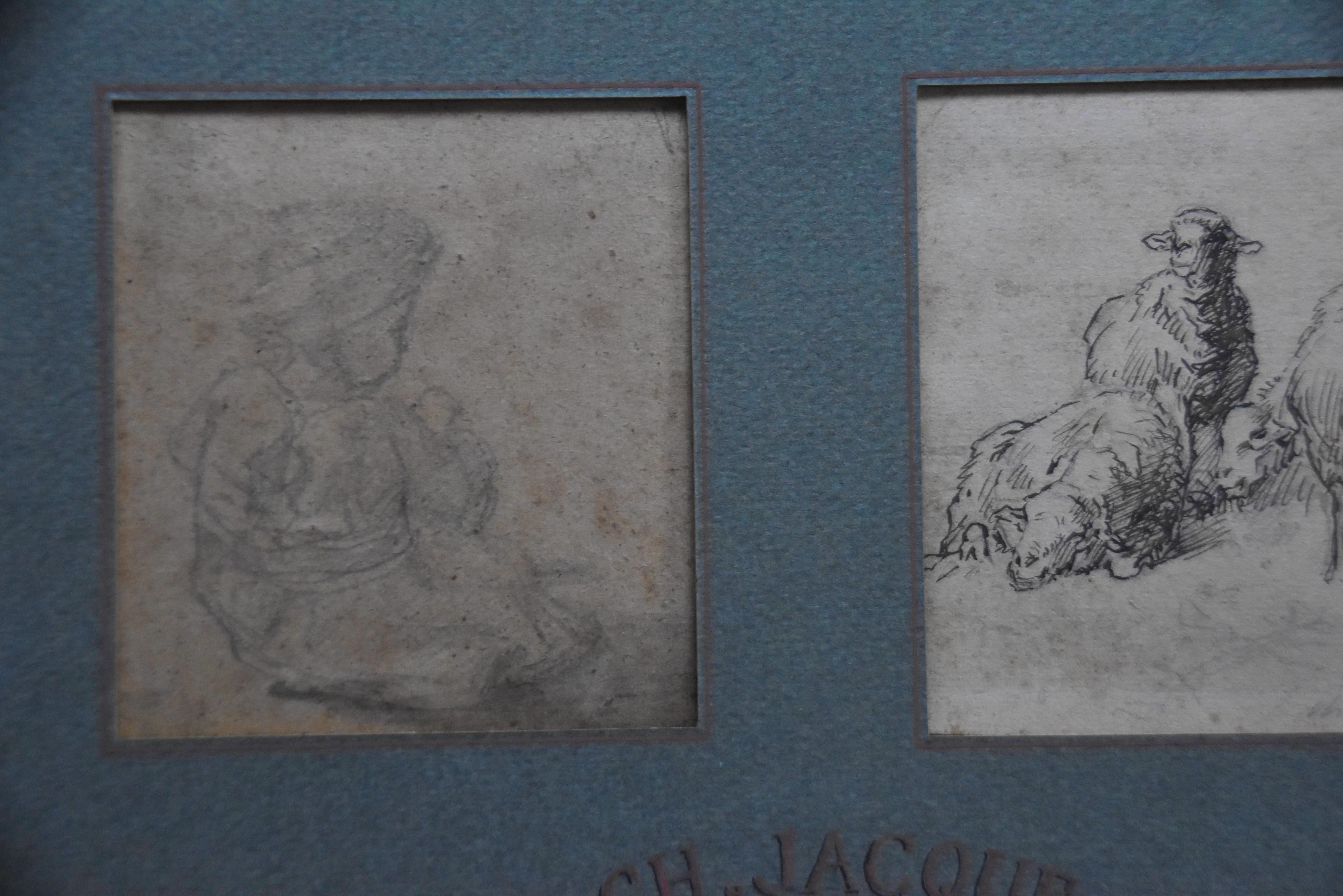 Charles Emile JACQUE (Paris 1813 - 1894) Four drawings, Sheeps and genre scenes 1