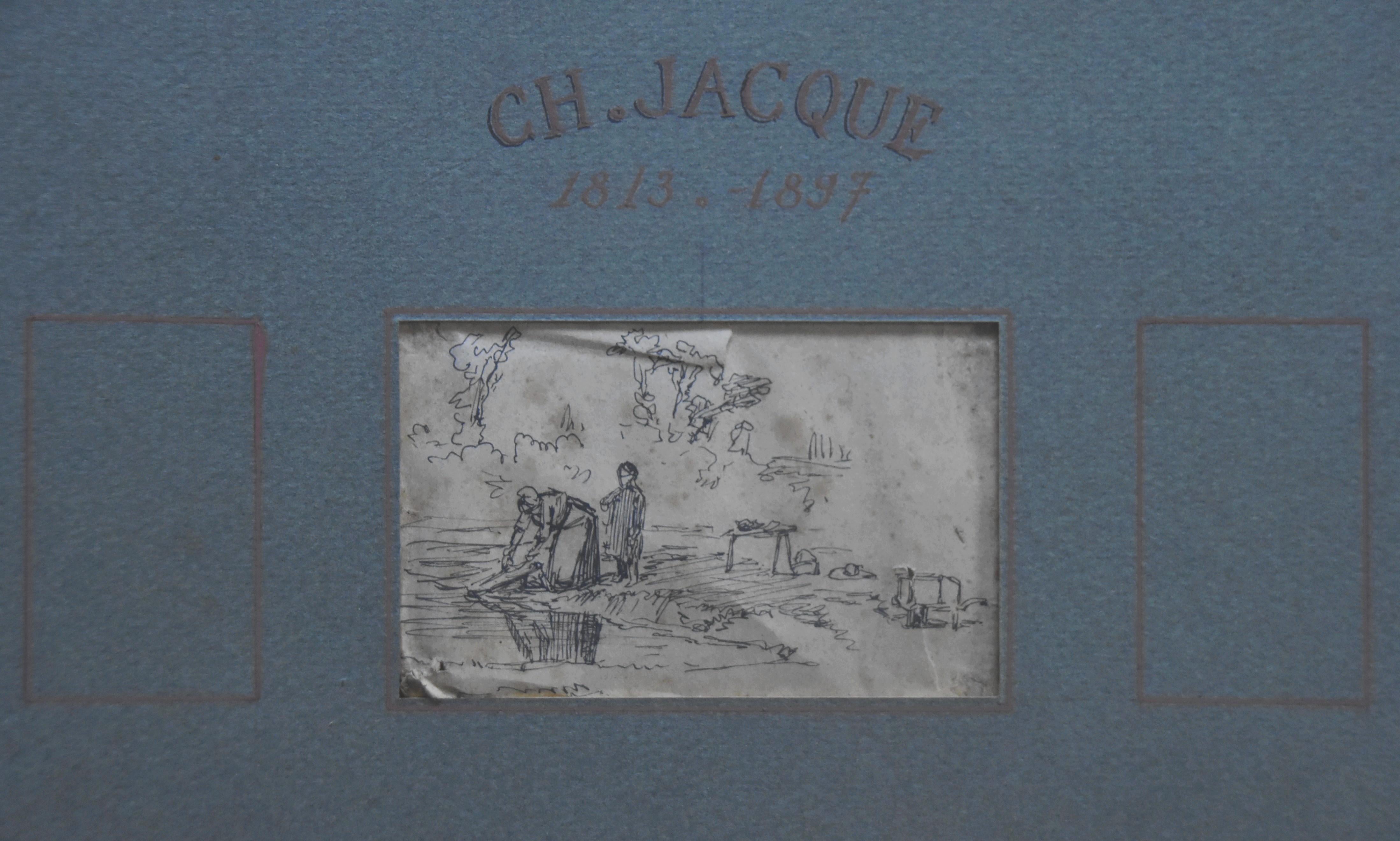 Charles Emile JACQUE (Paris 1813 - 1894) Four drawings, Sheeps and genre scenes 5