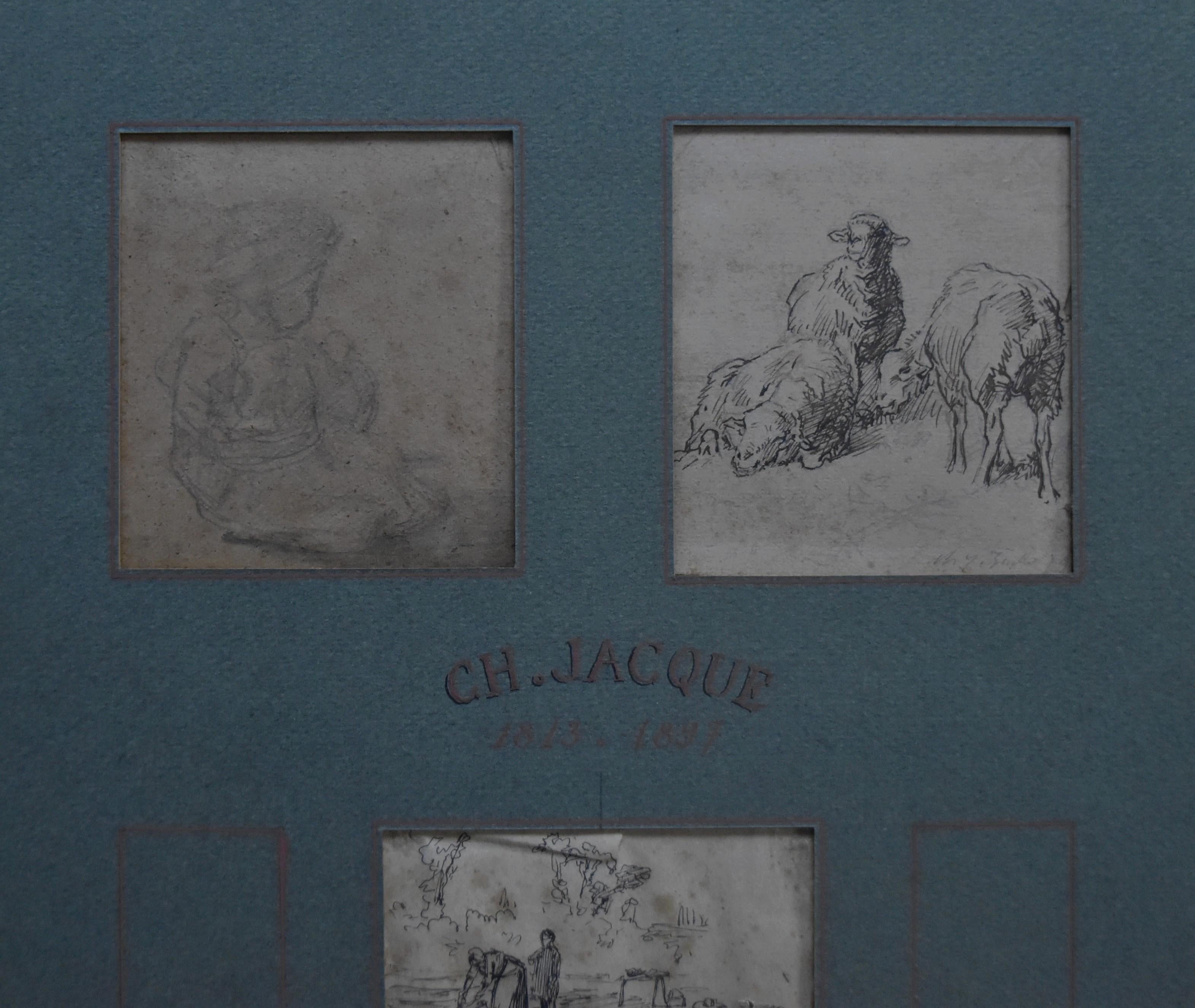 Charles Emile JACQUE (Paris 1813 - 1894) Four drawings, Sheeps and genre scenes 10