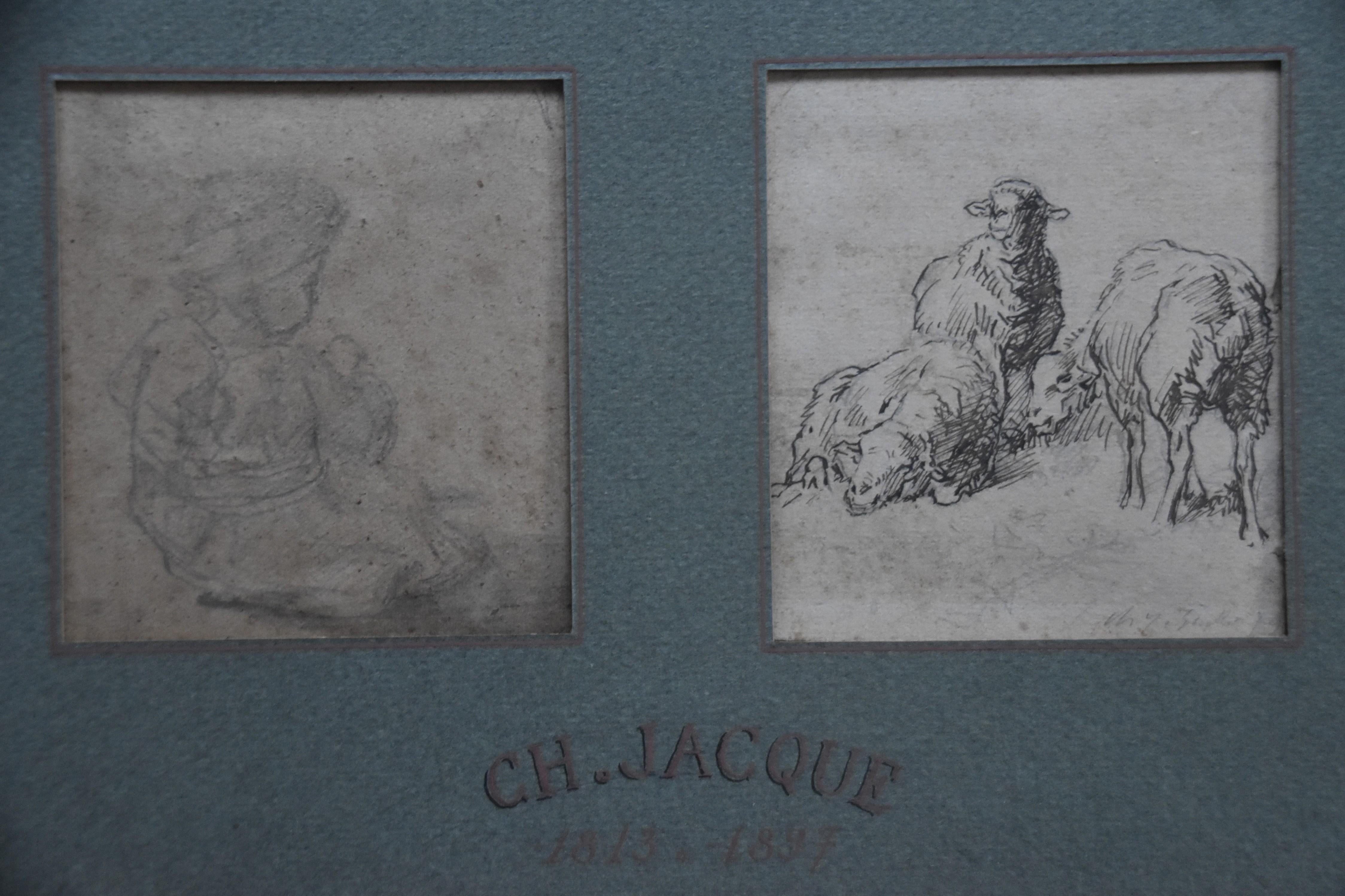 Charles Emile JACQUE (Paris 1813 - 1894) Four drawings, Sheeps and genre scenes 9