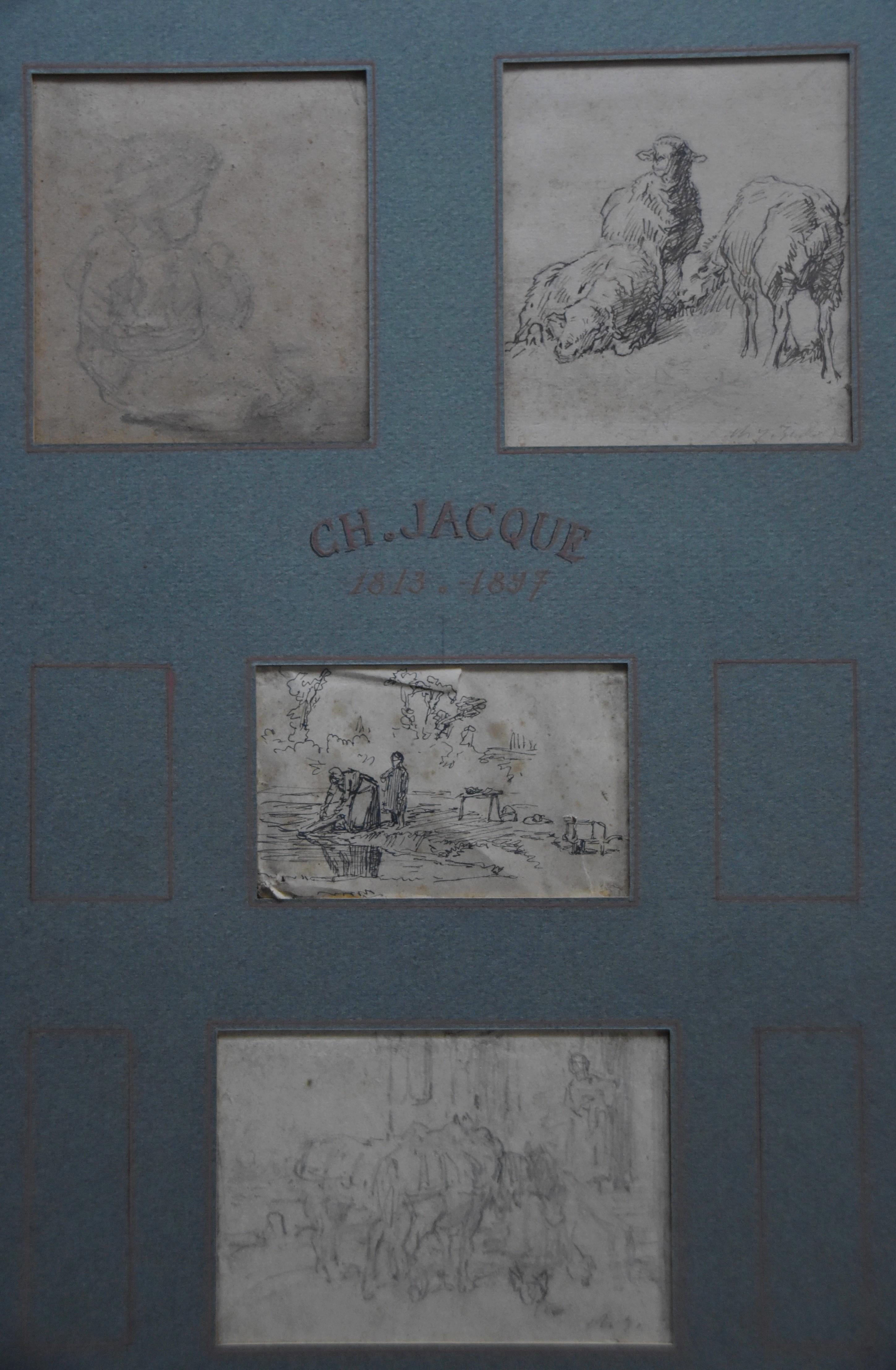 Charles Emile JACQUE (Paris 1813 - 1894) Four drawings, Sheeps and genre scenes 11