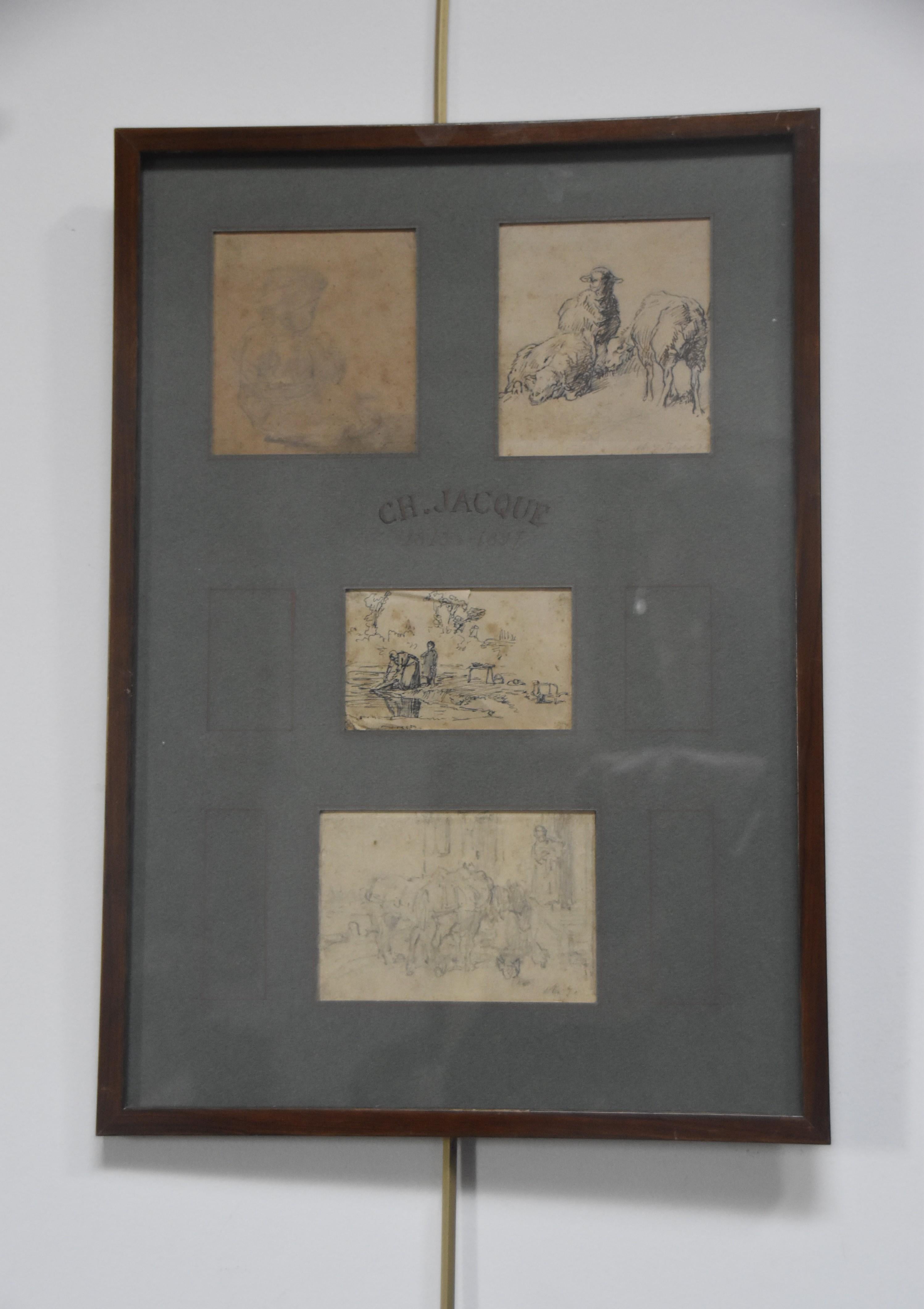 Charles Emile JACQUE (Paris 1813 - 1894) Four drawings, Sheeps and genre scenes 15
