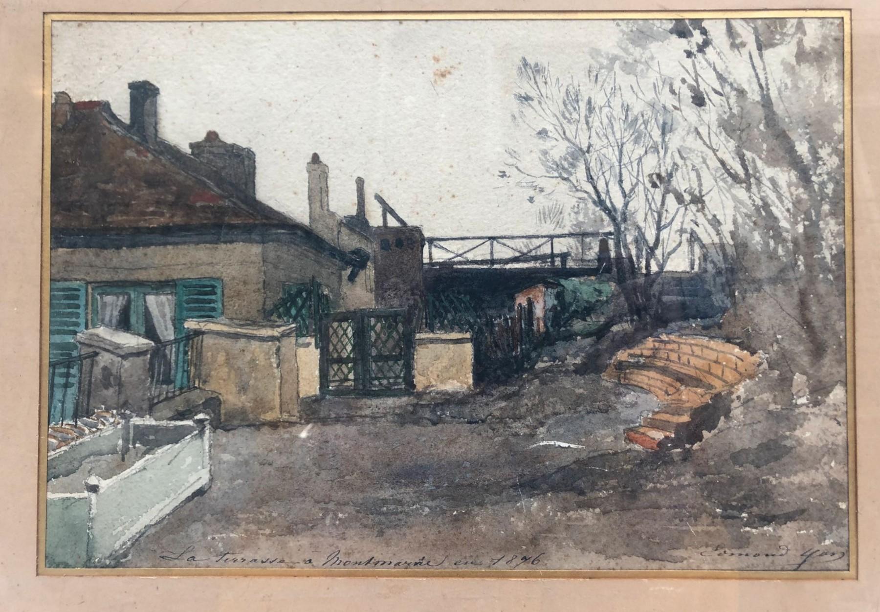 Edmond Yon (1836 - 1897) 
La terrasse à Montmartre, 1876, (The terrace in Montmartre)
Titled and dated on the lower middle,  signed on the lower right
watercolor on paper
18.5 x 26.5 cm
In quite good condition : foxings inthe upper part, a scratch
