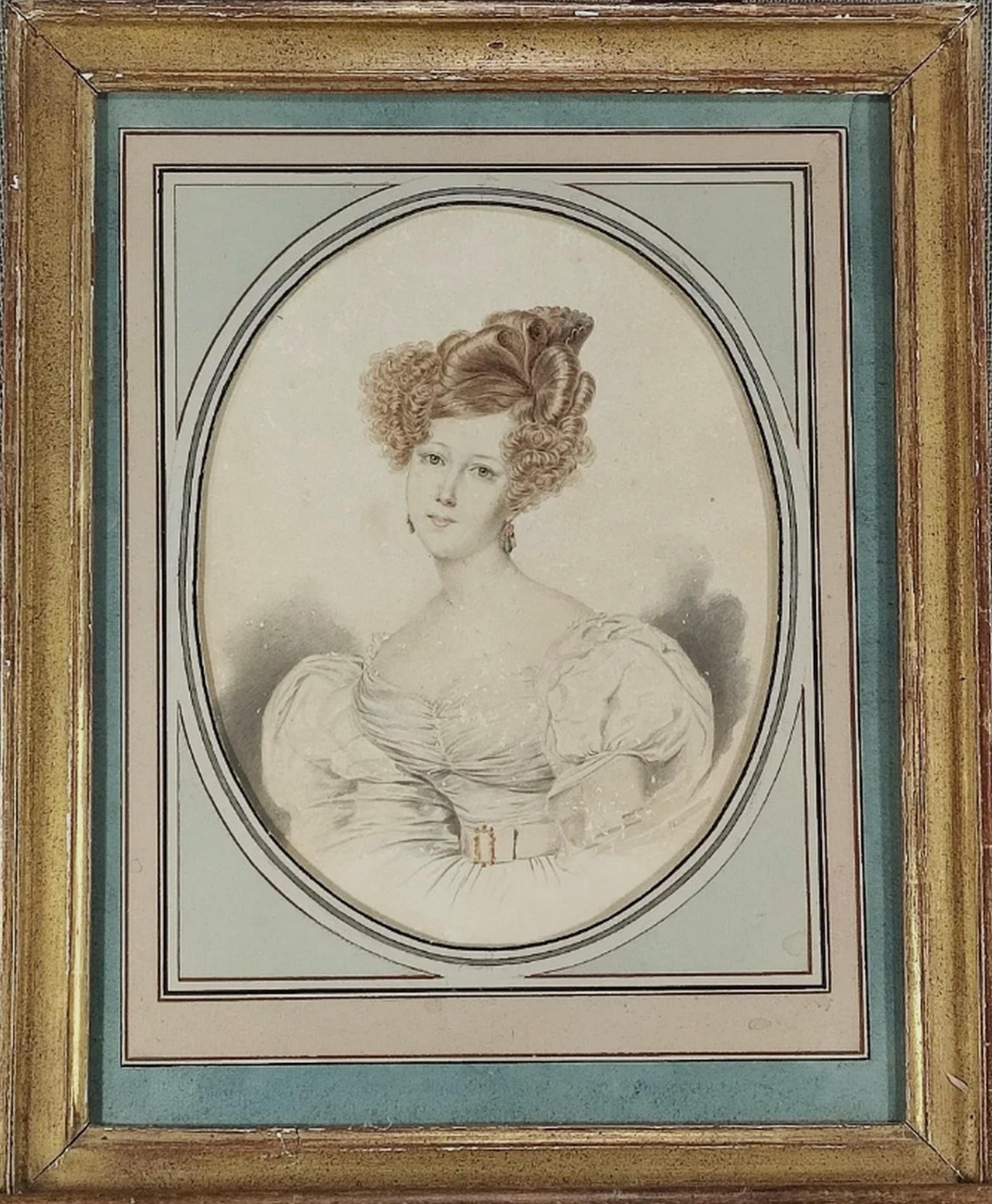 Französische Schule um 1840, Porträt einer Dame, Aquarell – Art von Unknown