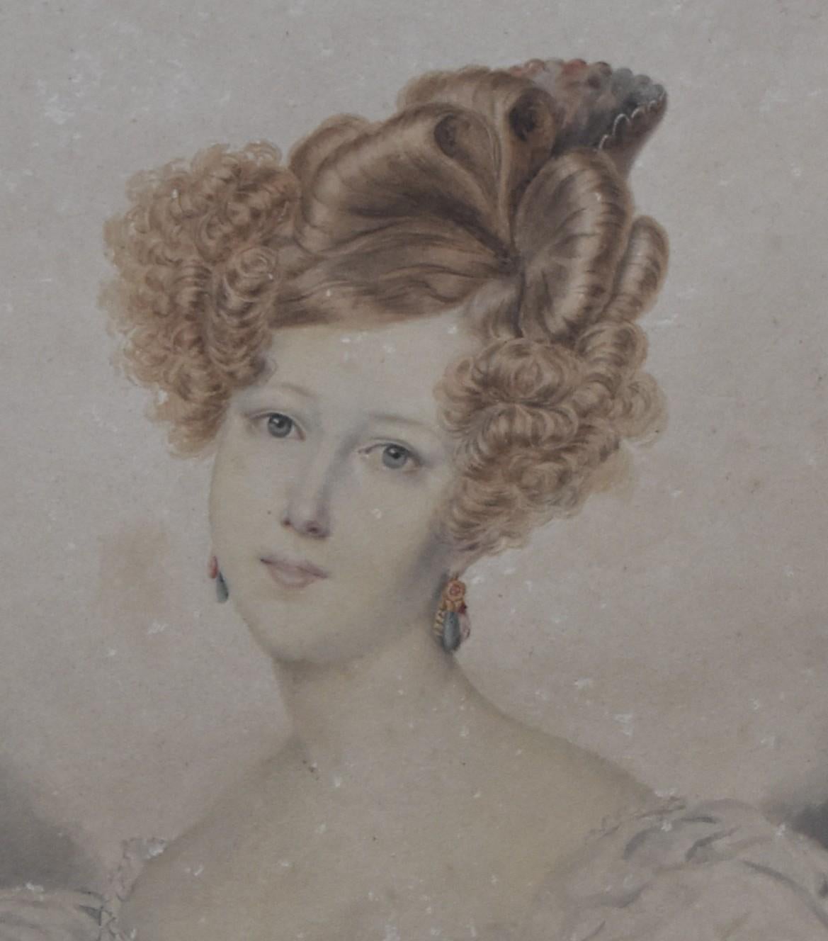Französische Schule um 1840, Porträt einer Dame, Aquarell (Grau), Figurative Art, von Unknown