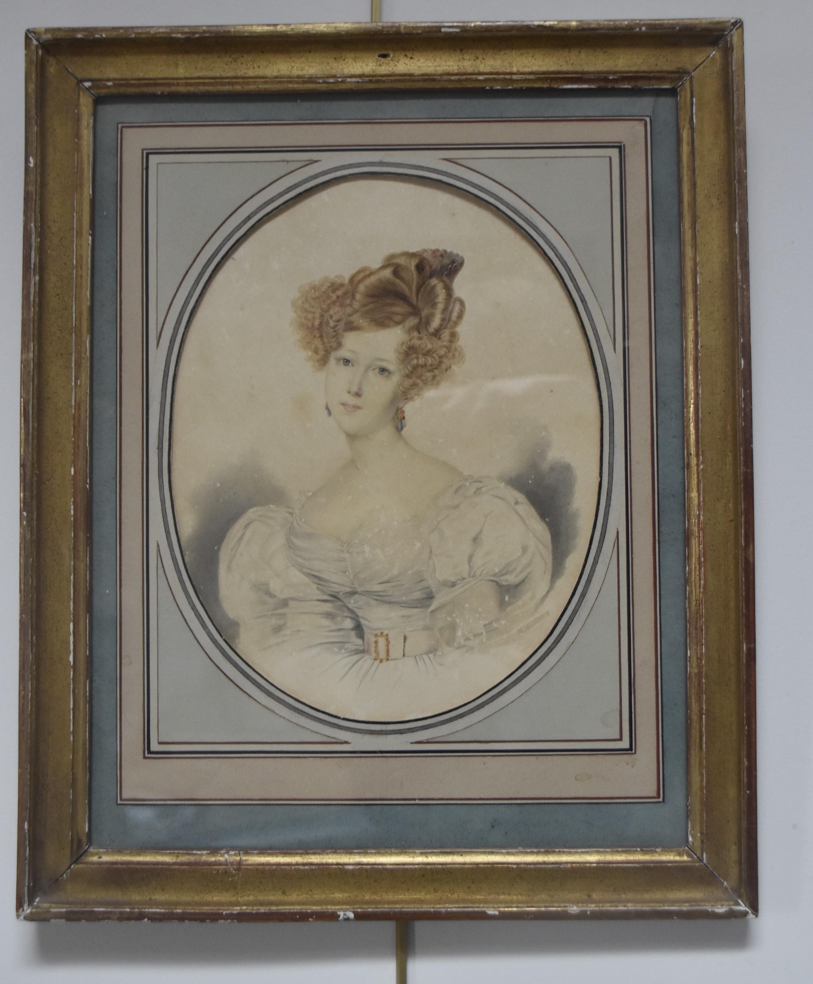 French school circa 1840, Portrait of a Lady, watercolor - Gray Figurative Art by Unknown