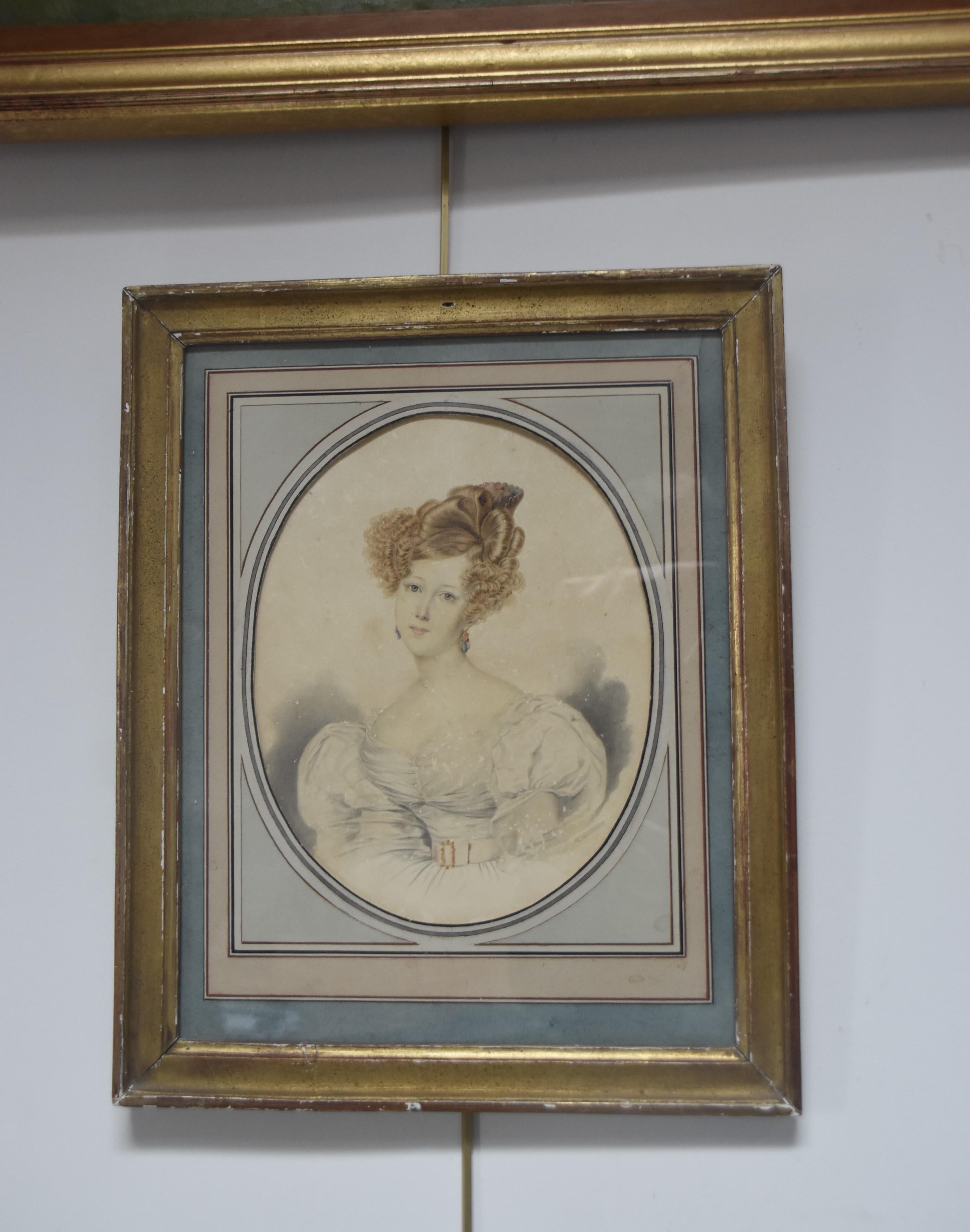 French school circa 1840
Portrait of a Lady
watercolor on Bristol paper
25.5 x 20 cm oval
in quite good condition : slightly yellowed by time, multiple little scratches, stains (see photographs please)
In a vintage frame : 41.5 x 33.5 cm multiple