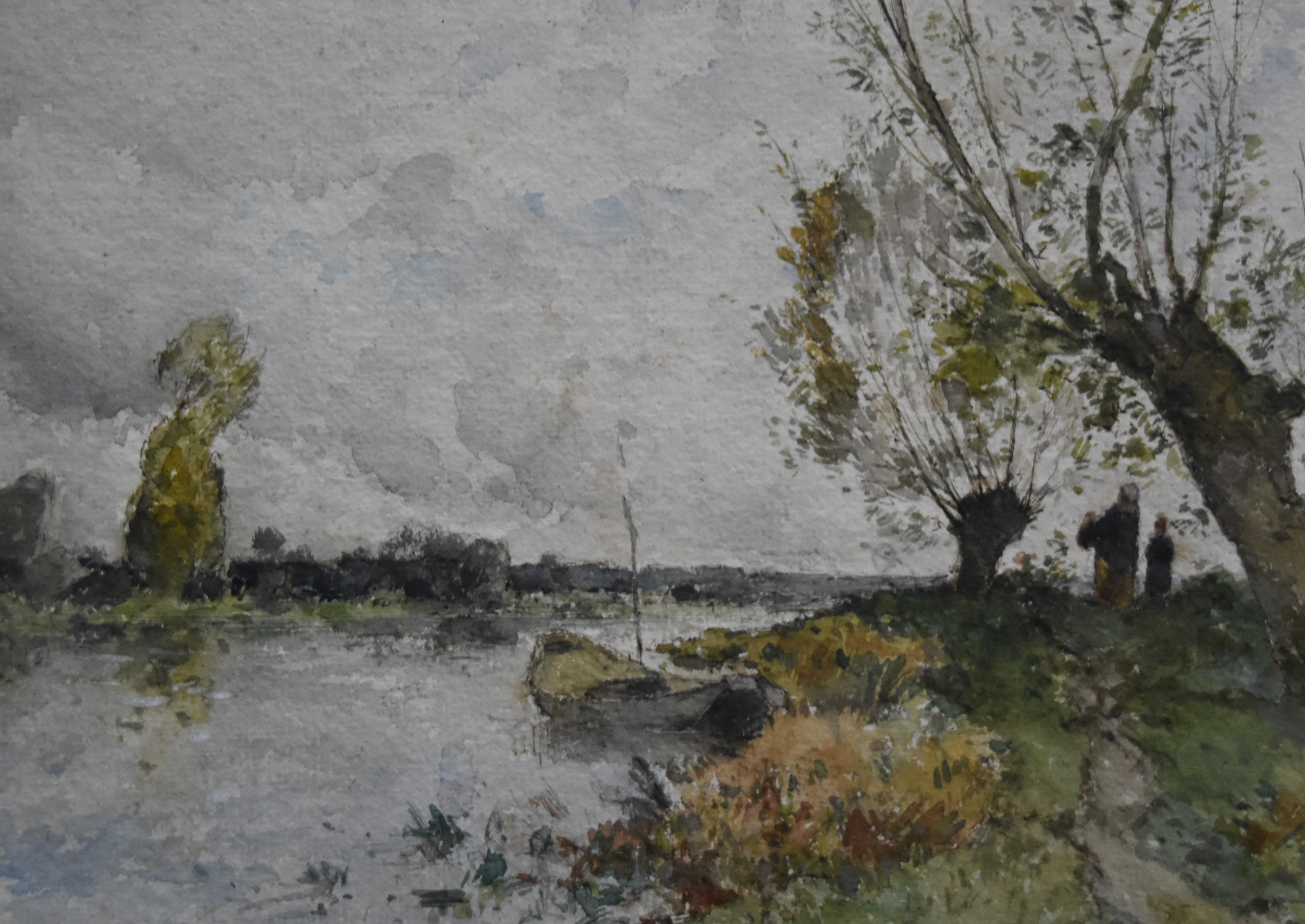 Etienne Maxime Vallée (1853-1881)  Landscape at the river, signed watercolor 4