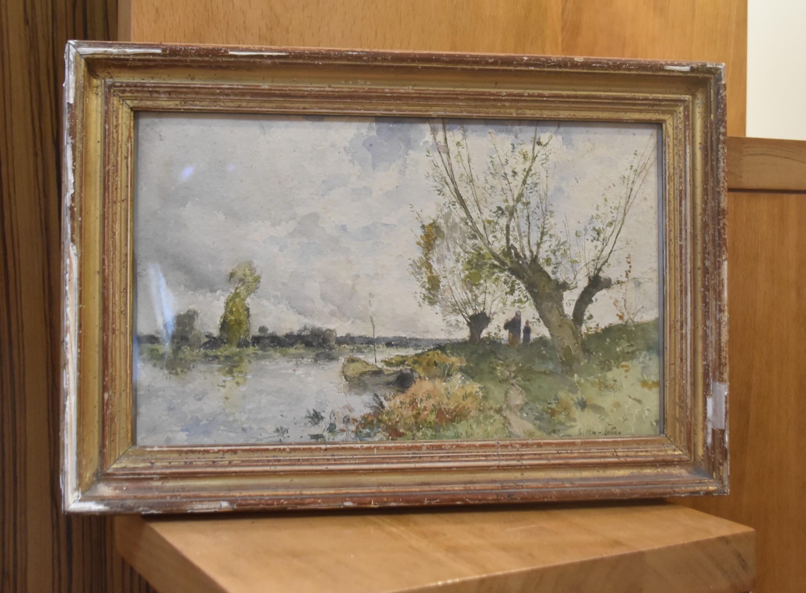 Etienne Maxime Vallée (1853-1881)  Landscape at the river, signed watercolor 5