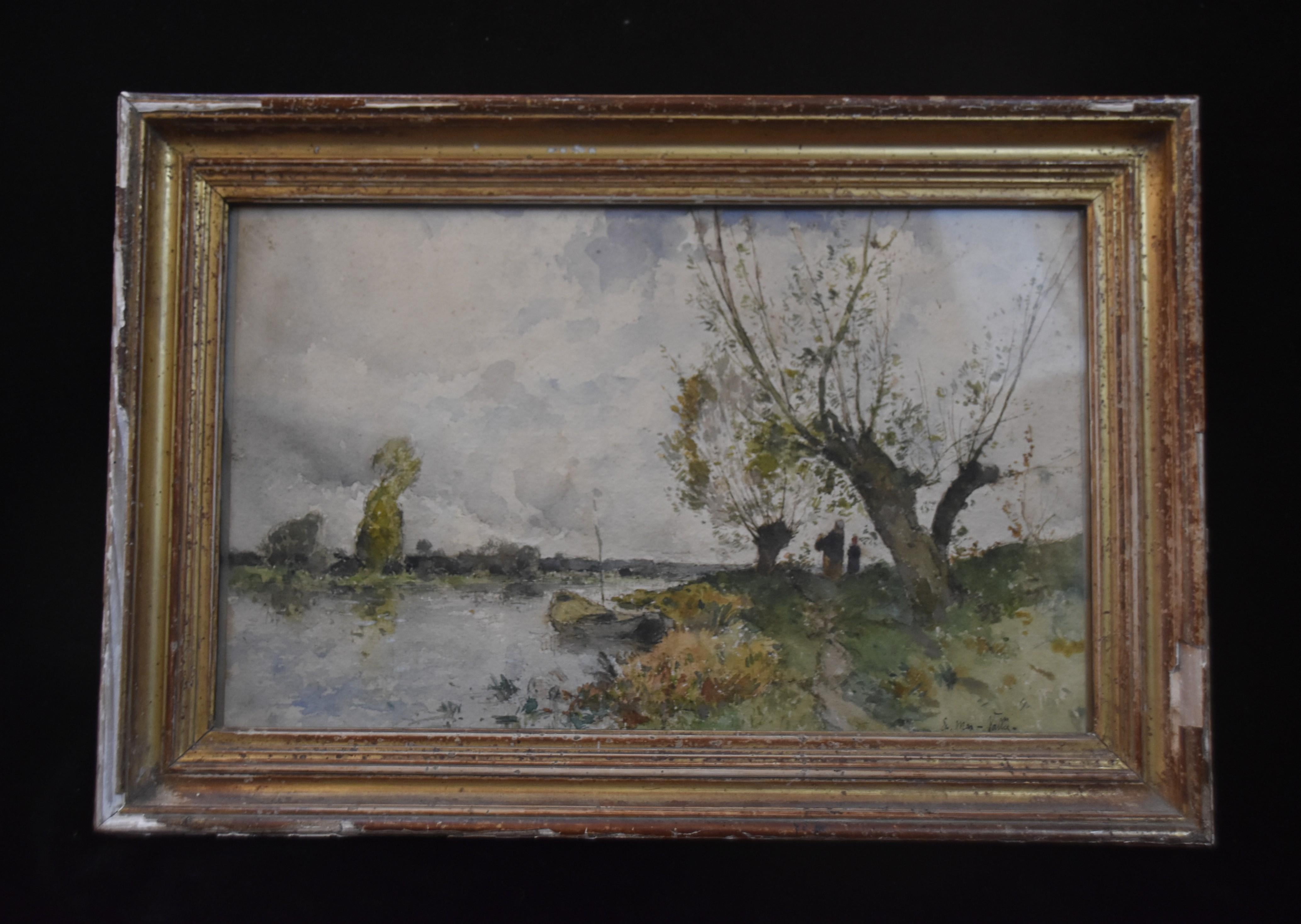 Etienne Maxime Vallée (1853-1881)  Landscape at the river, signed watercolor 2