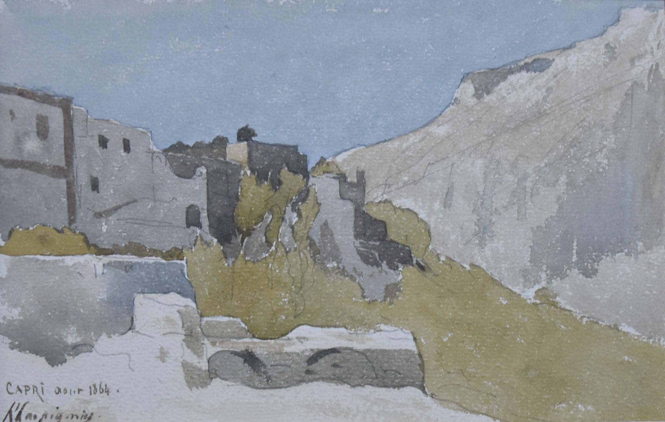 Henri Joseph Harpignies (1819-1916) 
View of capri, 1864, 
signed and dated "Capri aout 1864" lower left
Watercolor on paper
14 x 22 cm
In good condition.
Framed : 24.5 x 33.5 cm

Provenance : 
Family of the painter Ernest Lessieux (1845-1925) whom
