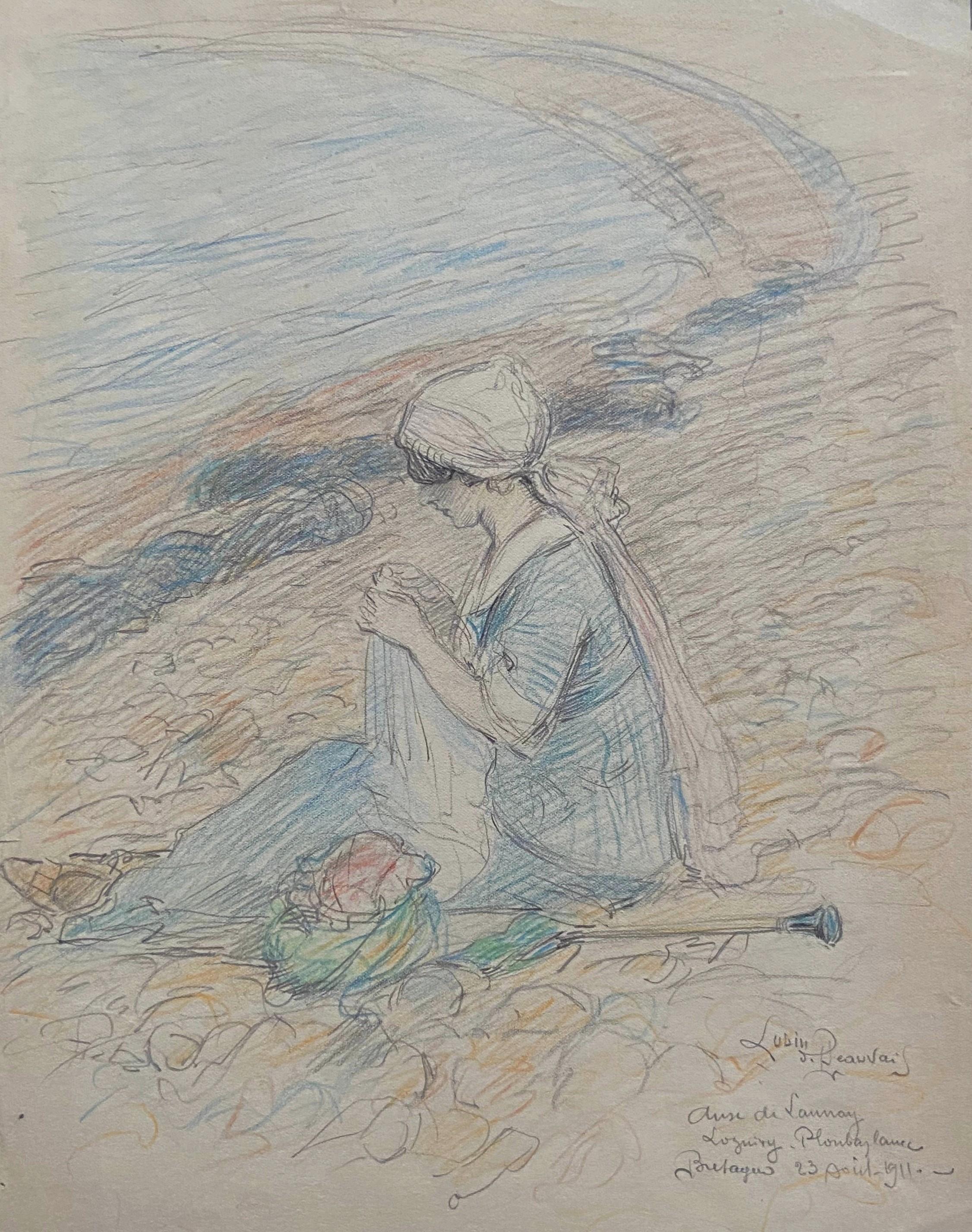 Lubin de Beauvais (1873-1917) 
L'anse de Launay, eine Frau am Strand, 1911
signiert, datiert und betitelt "Anse de Launay, Loguivy Ploubazlanec, Bretagne, 23 août 1911" unten links
Buntstifte auf Papier
33,3 x 23,3 cm
In gutem Zustand 
In einem
