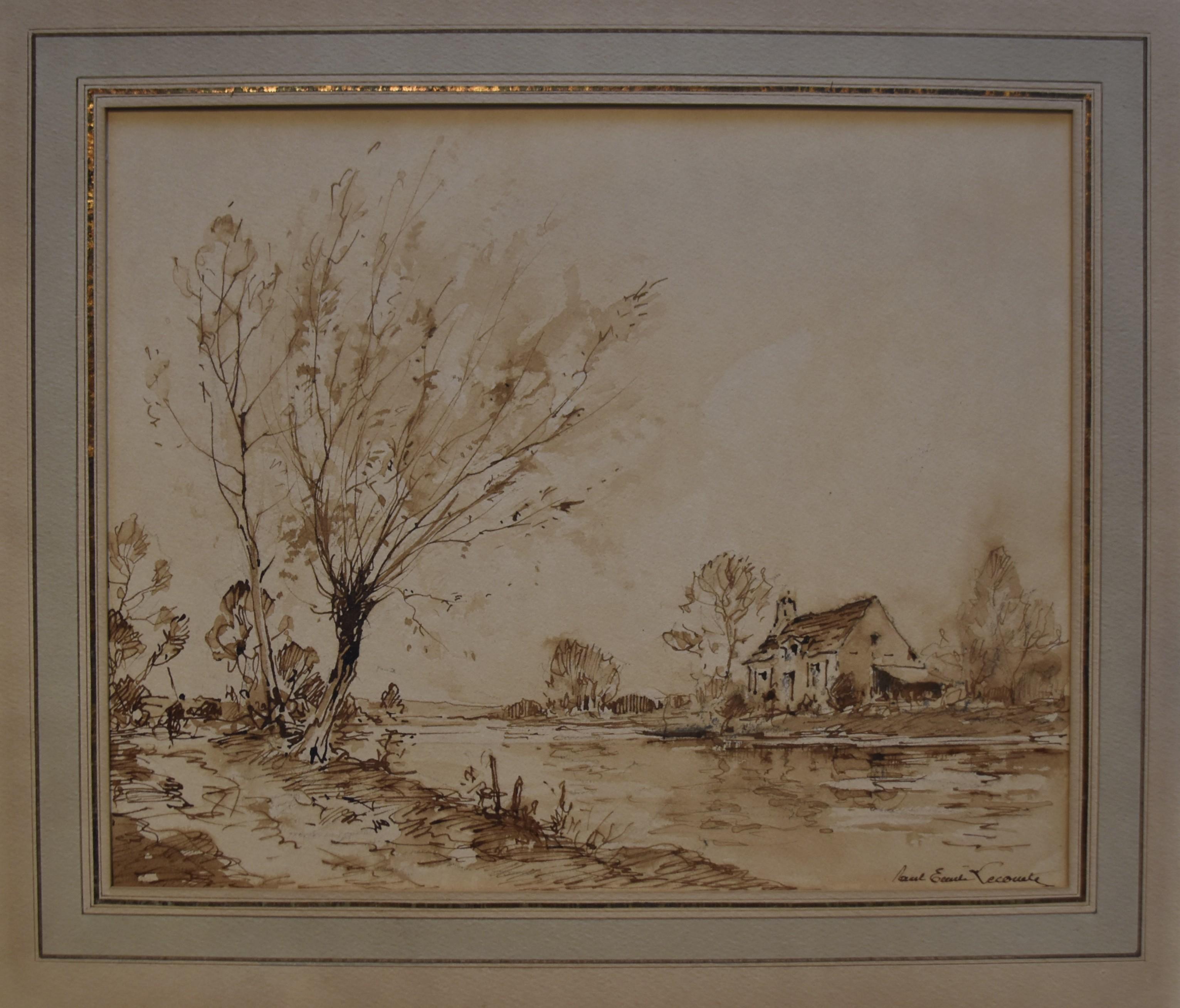 Paul Emile Lecomte (1877-1950)
A farm by the river
Signed lower right
Brown ink and brown ink wash on beige pape
21 x 26 cm
In good condition
Framed  : 33 x 37  cm

Between watercolour and drawing, this work is quite original by its technique, we