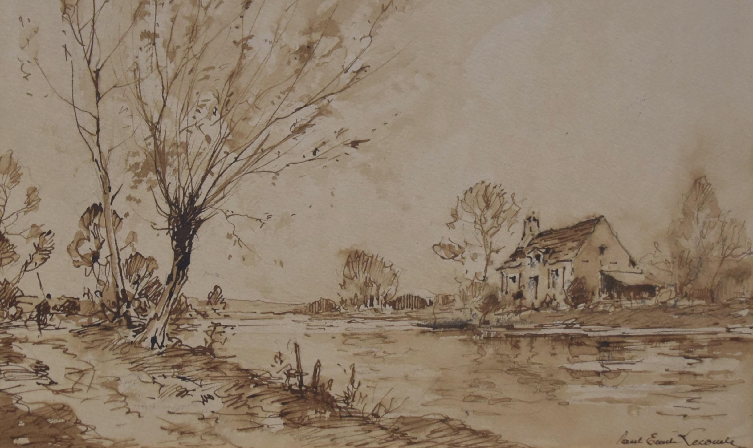 Paul Emile Lecomte (1877-1950)  A farm by the river, signed drawing 2