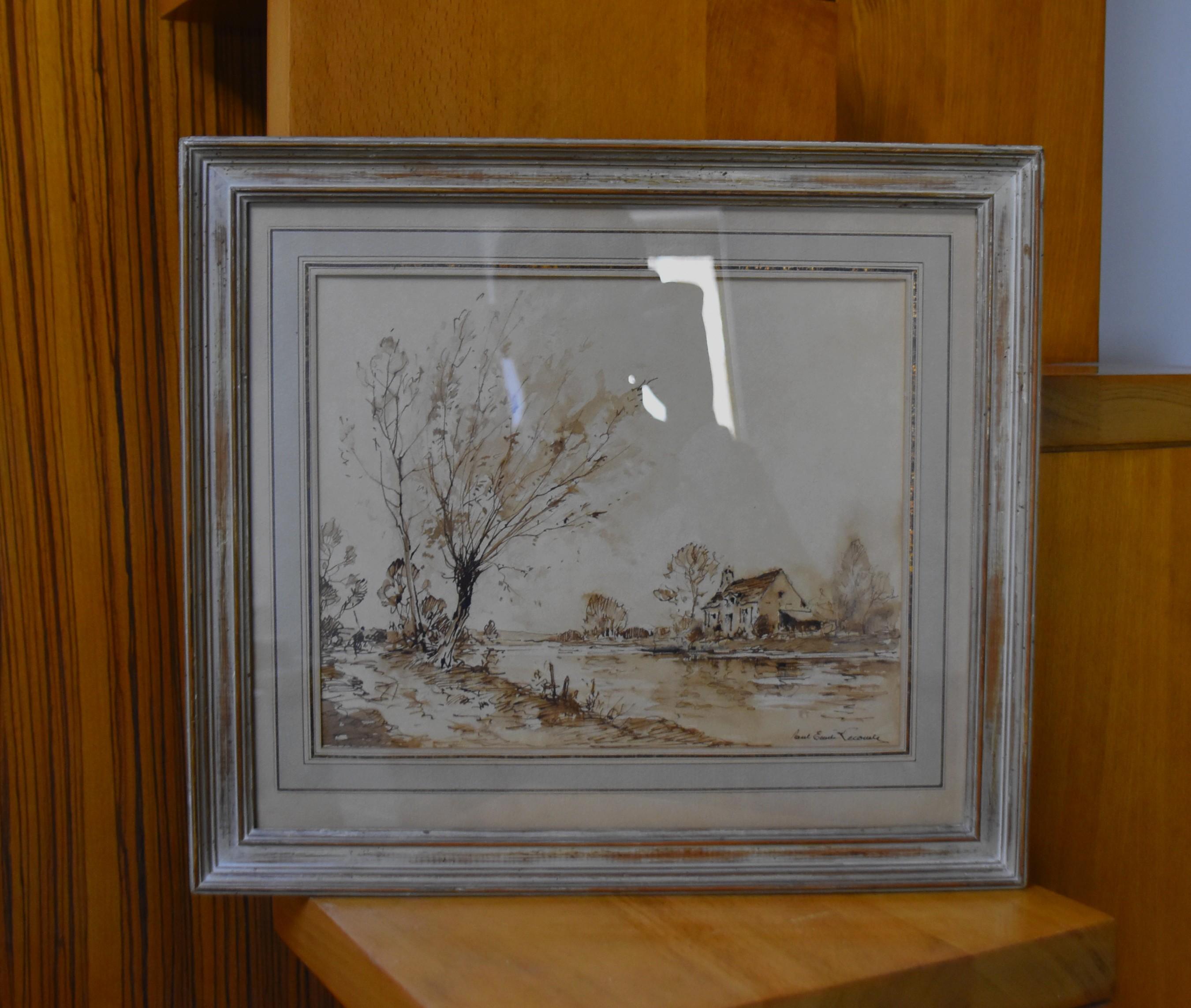 Paul Emile Lecomte (1877-1950)  A farm by the river, signed drawing 5