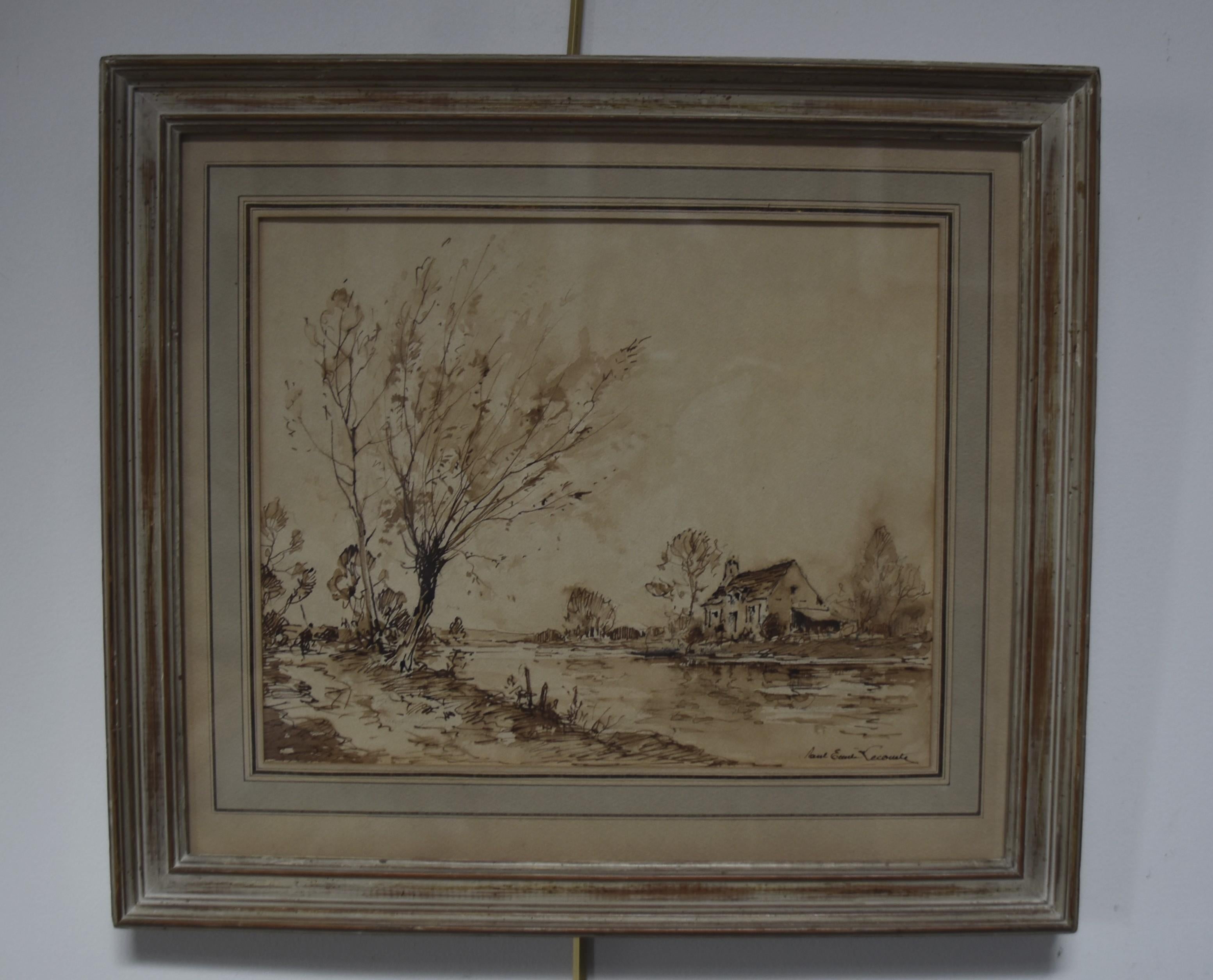 Paul Emile Lecomte (1877-1950)  A farm by the river, signed drawing 3