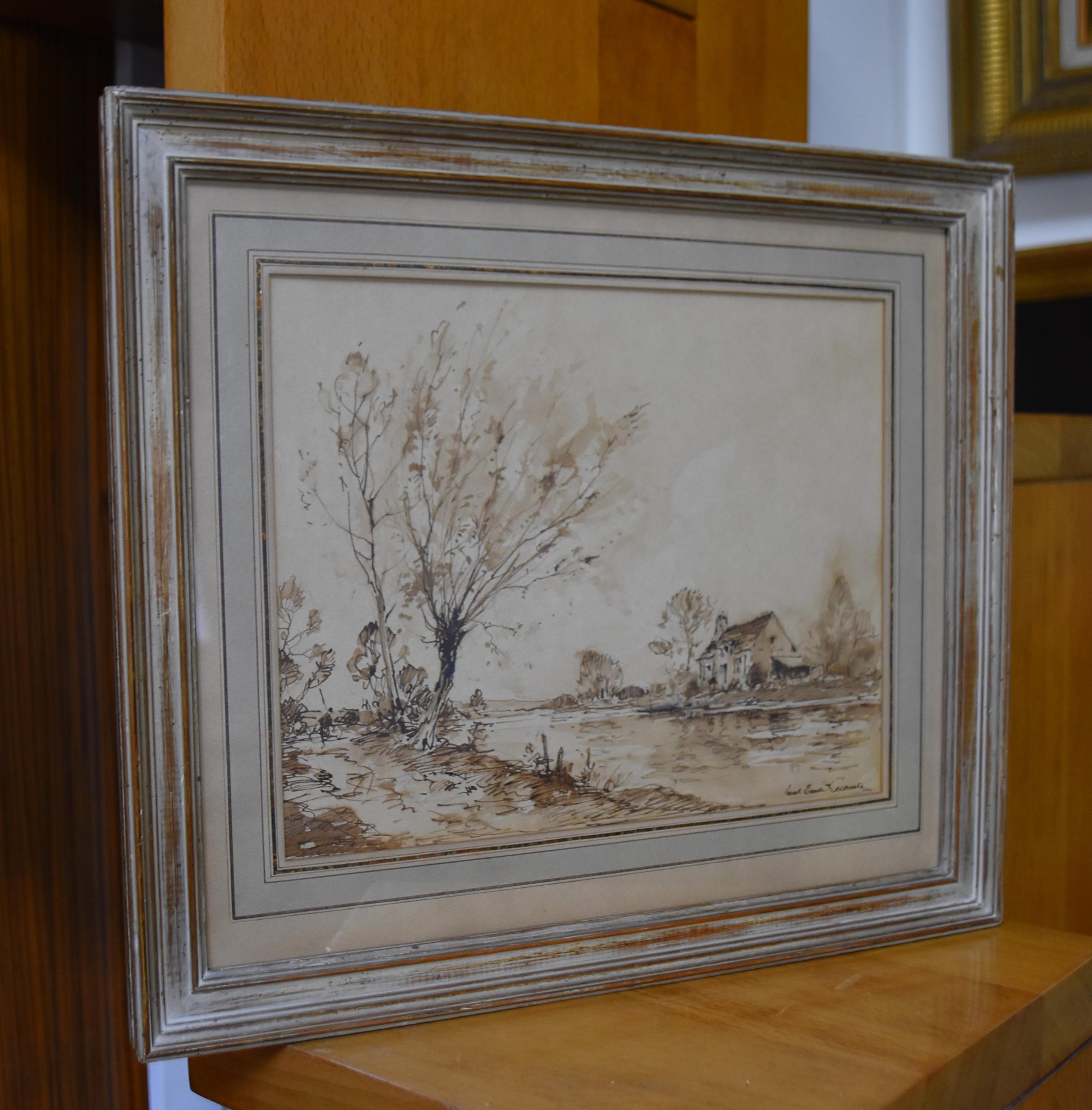 Paul Emile Lecomte (1877-1950)  A farm by the river, signed drawing 6
