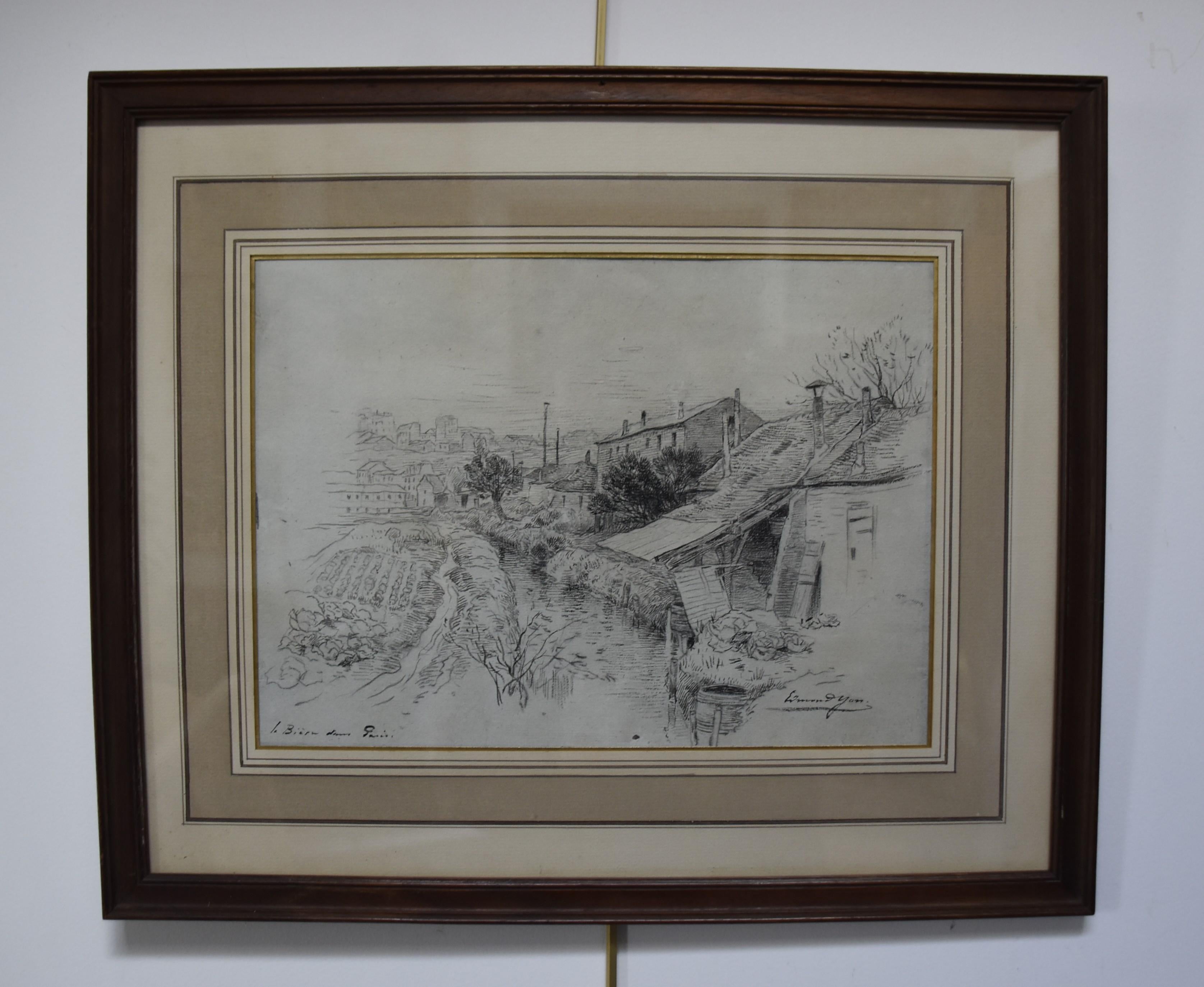 Edmond Yon (1836 - 1897) 
La Bièvre dans Paris (The River Bièvre in Paris)
Titled  on the lower left,  signed on the lower right
Pen and ink and pencil on paper
22 x  30 cm
In good condition 
Framed  :  38 x 45.3  cm (a very small hole in the middle
