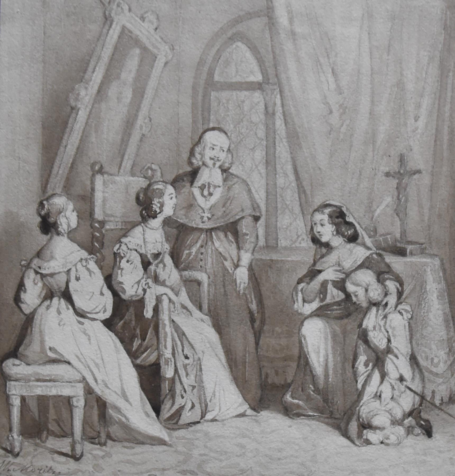 William Moritz (1816-1860) 
An historical scene,
signed lower left
Brown ink and brown ink wash on paper
17 x 16.5 cm
Framed : 27 x 23.5 cm

The subject of this charming drawing remains unclear but it's really easy to identify Queen Anne of Austria,