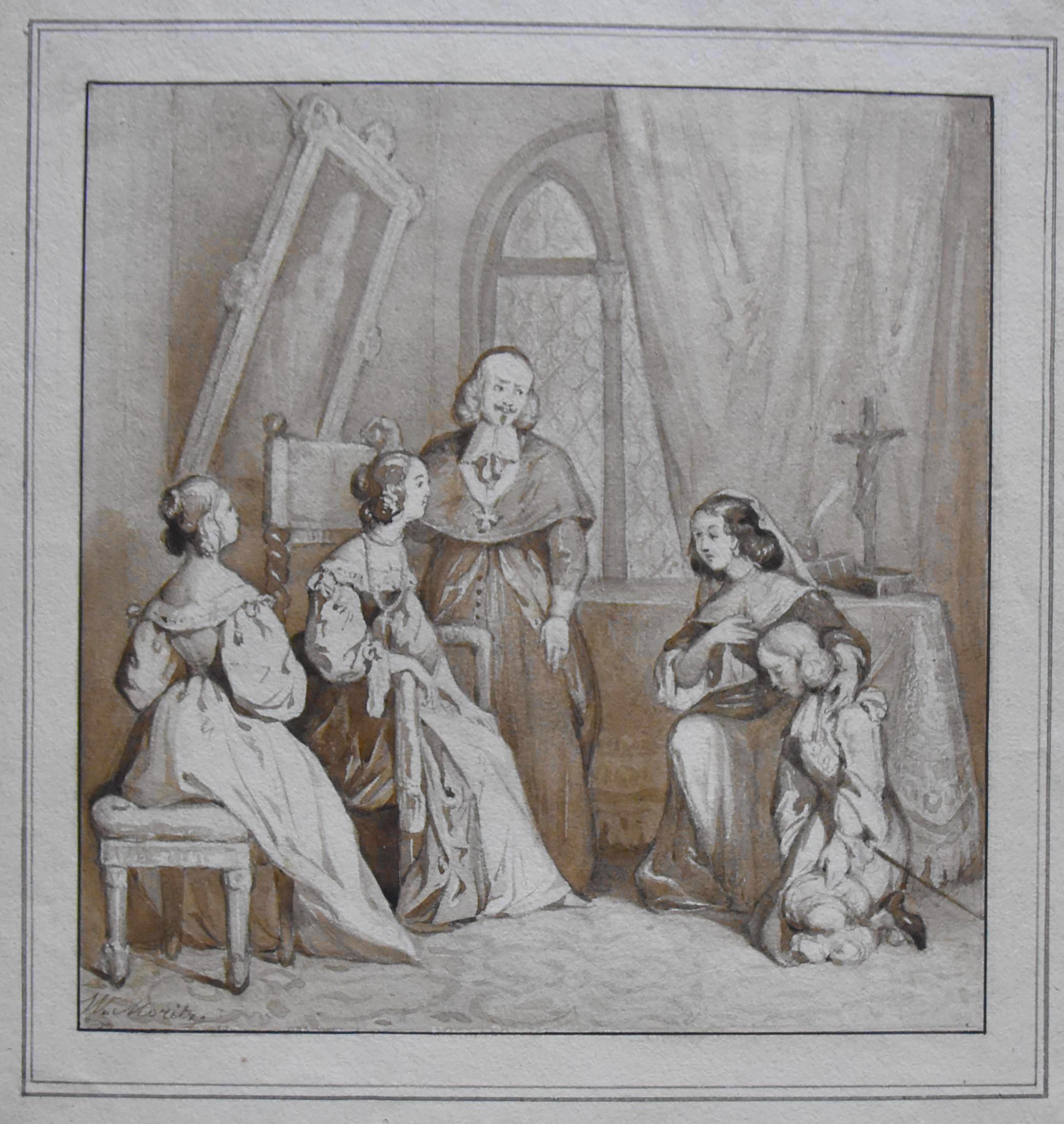 William Moritz (1816-1860) 
An historical scene,
signed lower left
Brown ink and brown ink wash on paper
17 x 16.5 cm
Framed : 27 x 23.5 cm

The subject of this charming drawing remains unclear but it's really easy to identify Queen Anne of Austria,