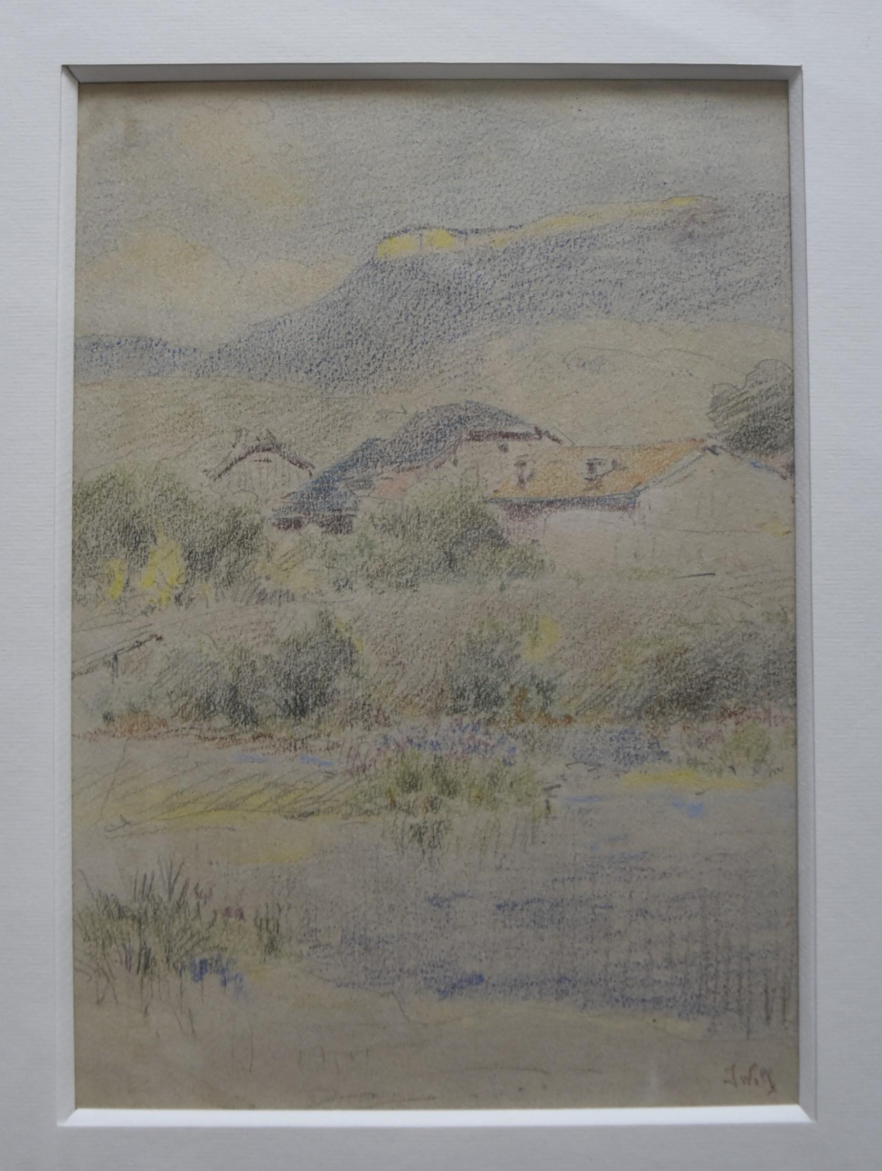 Marie Joseph Clavel dit Iwill (1850-1923)
Landscape with a village, 
signed  lower right
color pencils on paper
27 x 18.5 cm
In good condition, a stain visible in the upper left corner
in a modern frame : 40.5 x 32.5 cm

This delicate landscape