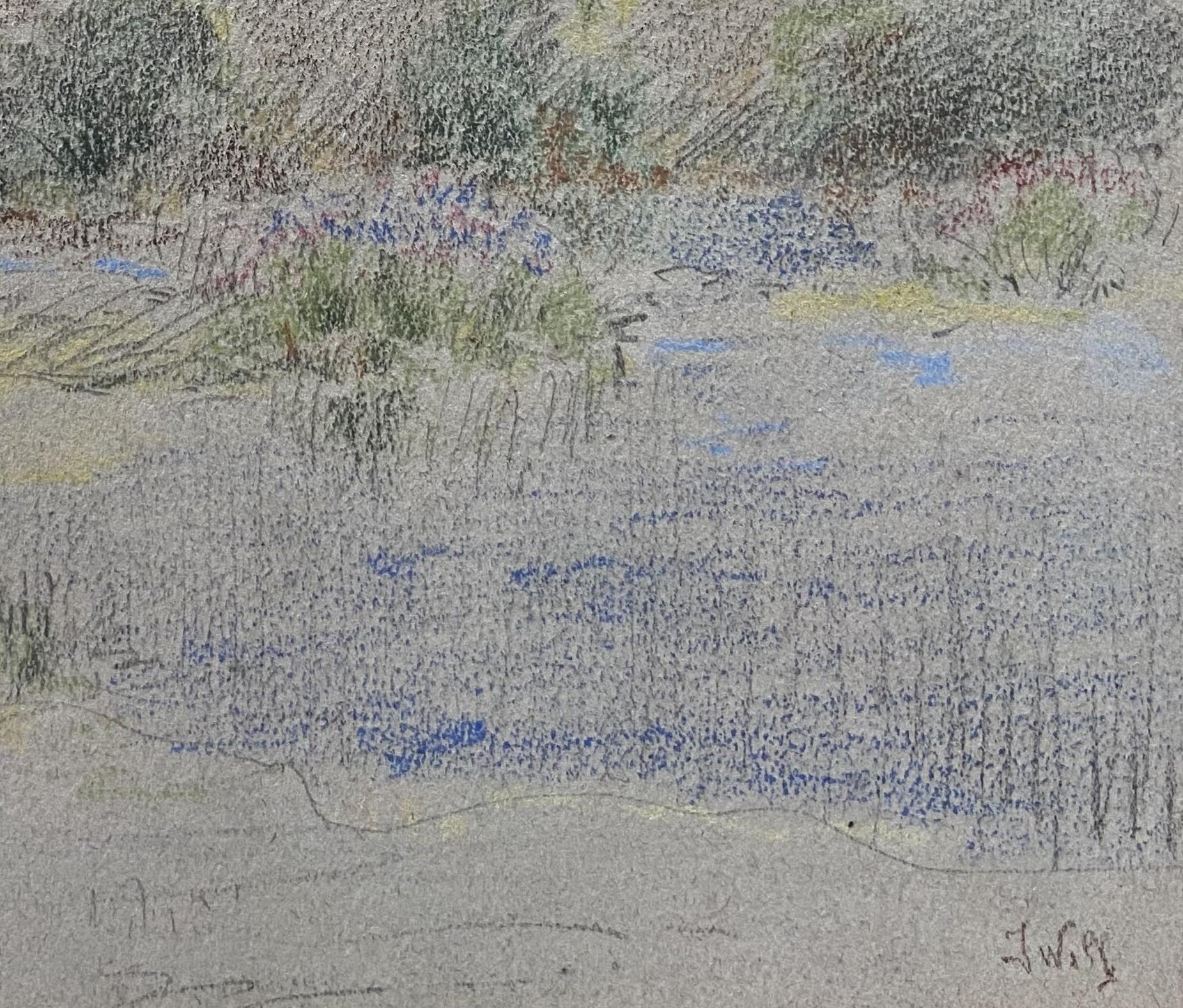 Paysage avec un village, signé Marie-Joseph Clavel dit Iwill (1850-1923) - Gris Figurative Art par Marie-Joseph Iwill