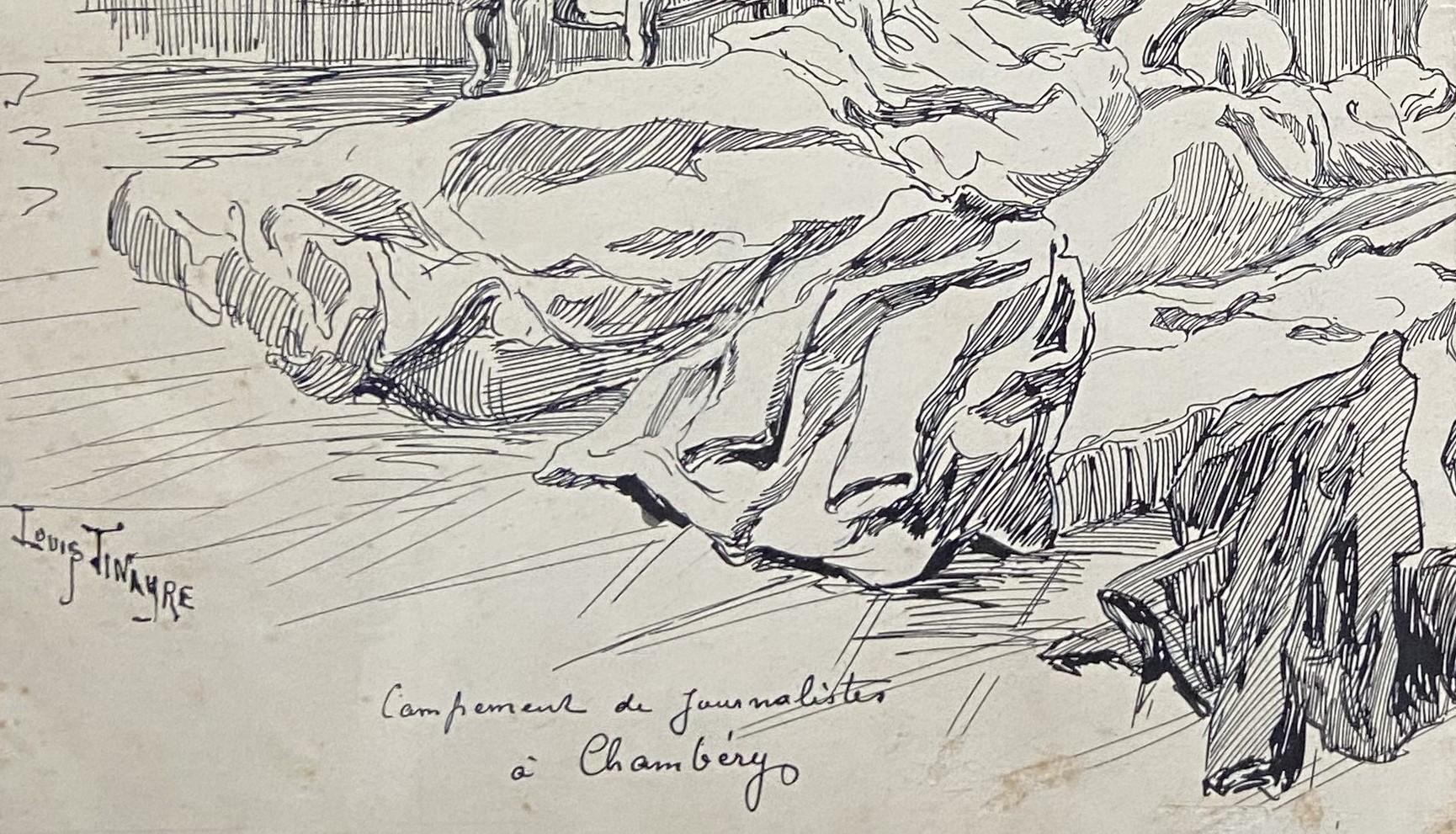 Louis Tinayre (1861-1942) An encampment of journalists, signed drawing For Sale 2