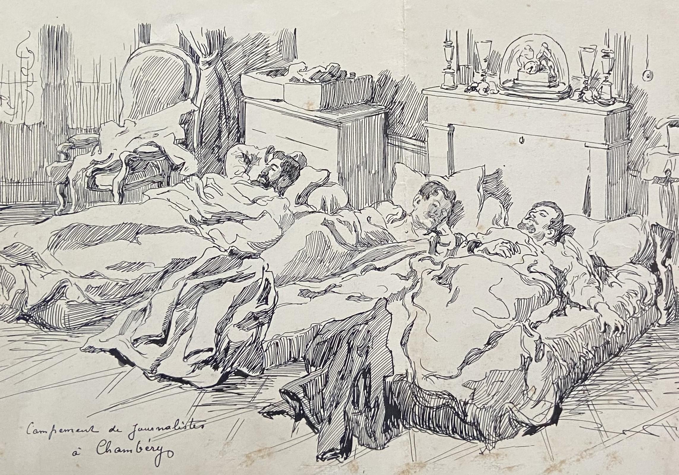 Louis Tinayre (1861-1942) An encampment of journalists, signed drawing For Sale 3